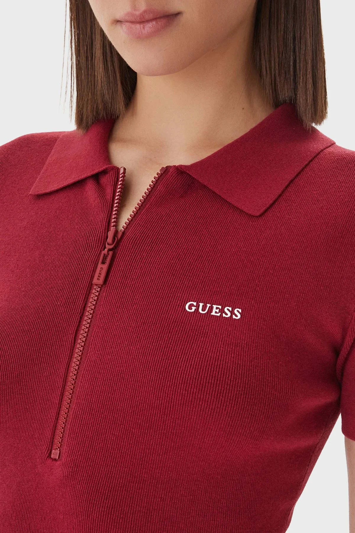 Guess Laurene Slim Fit Kemer Detaylı Fermuarlı Polo Yaka Triko V6RK08Z4642 Bayan Elbise V6RK08 Z4642 G5B7 BORDO - 4