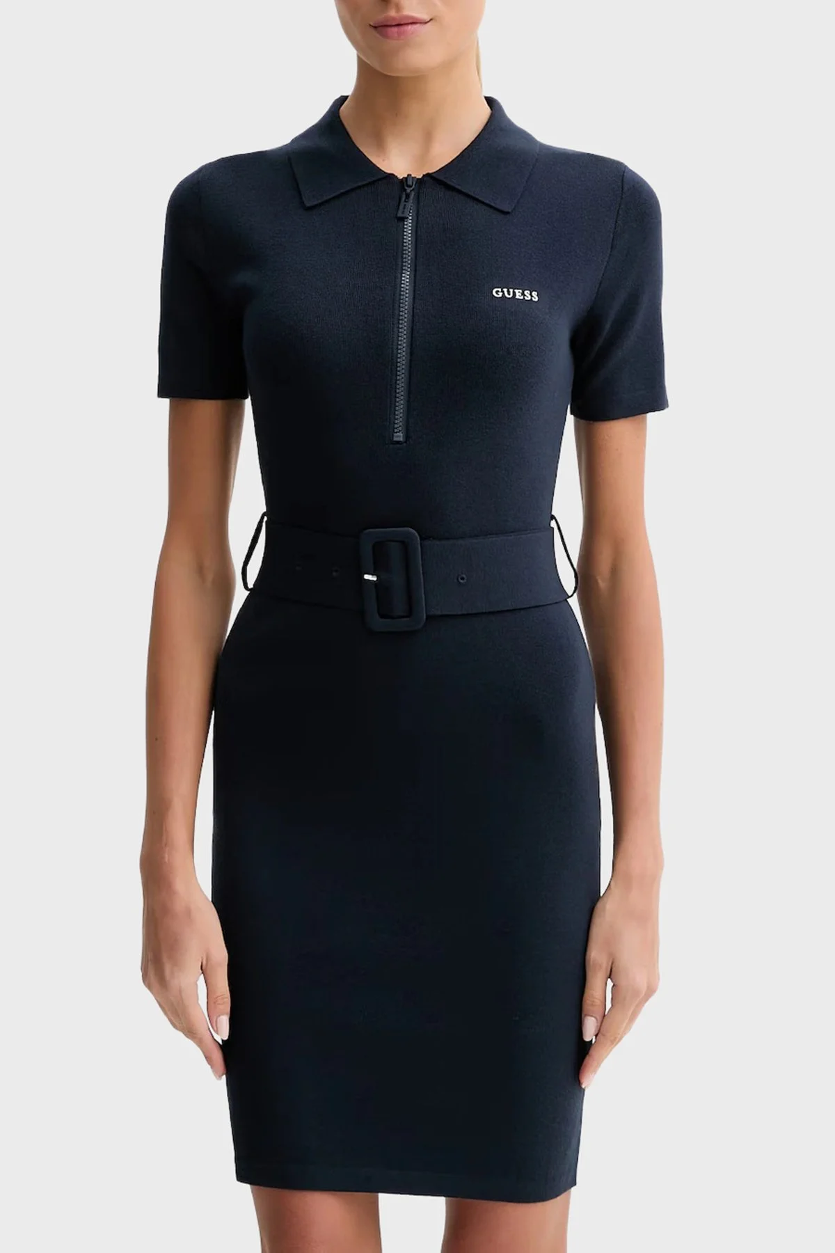 Guess Laurene Slim Fit Kemer Detaylı Fermuarlı Polo Yaka Triko V6RK08Z4642 Bayan Elbise V6RK08 Z4642 G7R1 LACİVERT - 1