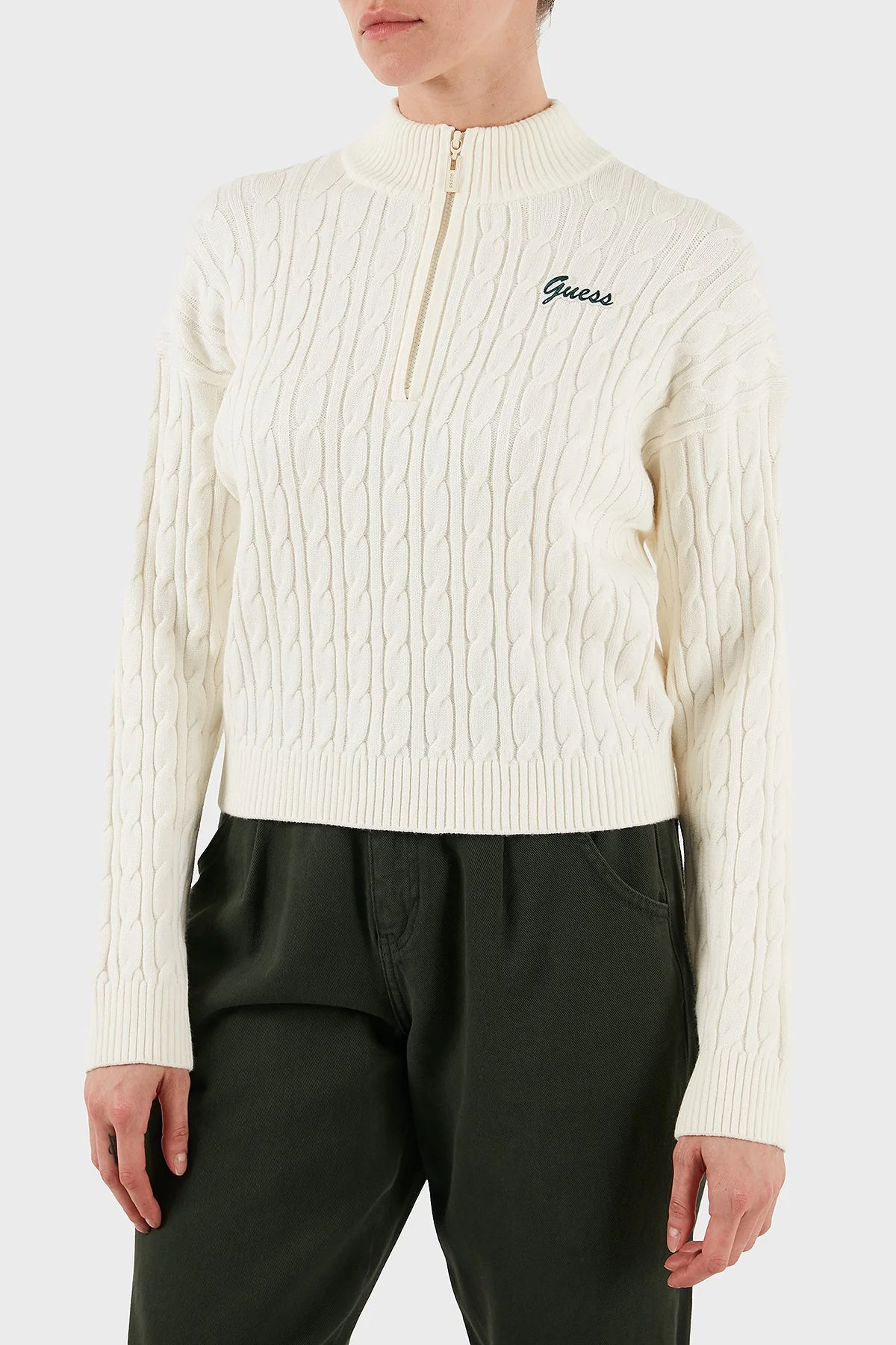 Guess Lavinia Regular Fit Yarım Fermuarlı Dik Yaka Örgü V5BR02Z0572 Bayan Kazak V5BR02 Z0572 G1O6 EKRU - 1