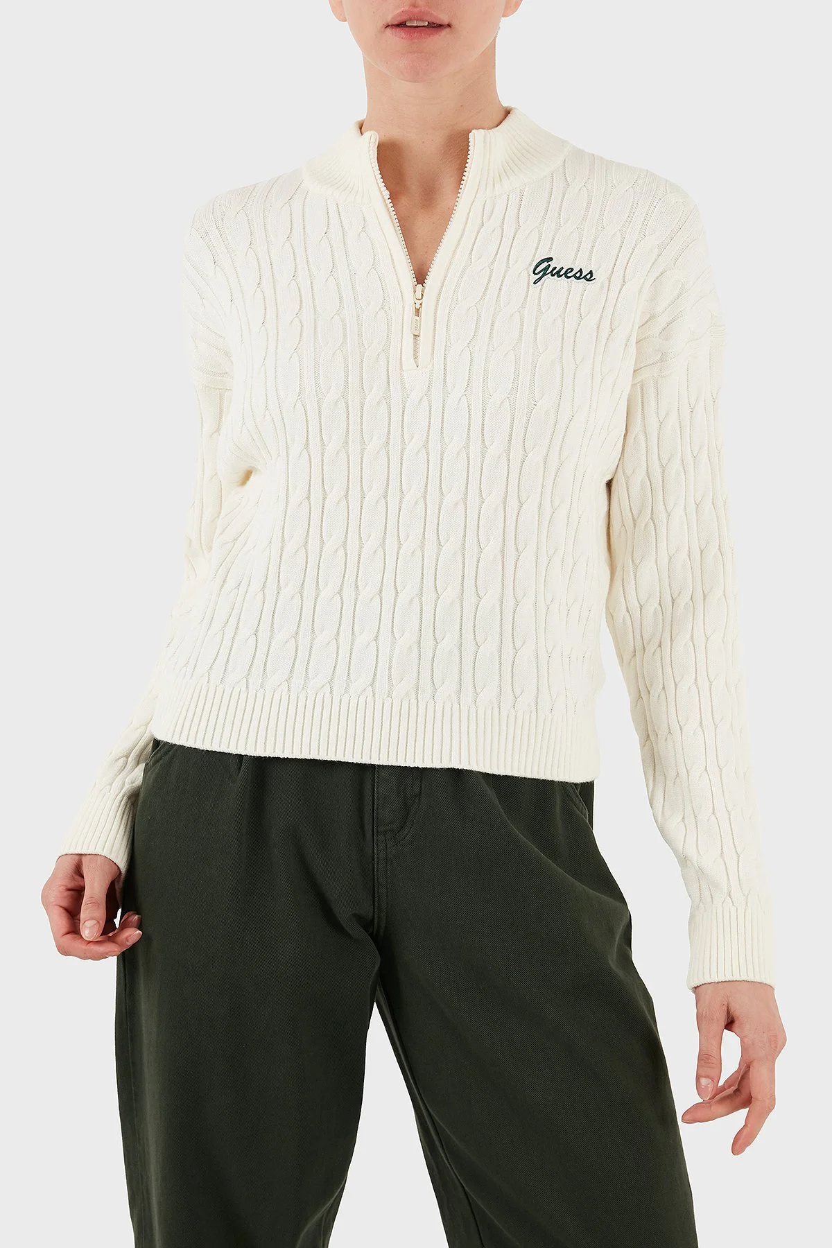 Guess Lavinia Regular Fit Yarım Fermuarlı Dik Yaka Örgü V5BR02Z0572 Bayan Kazak V5BR02 Z0572 G1O6 EKRU - 4