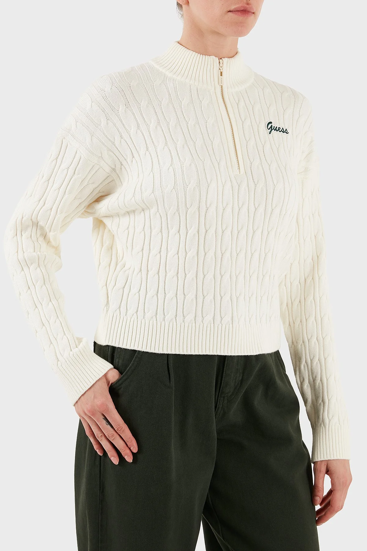 Guess Lavinia Regular Fit Yarım Fermuarlı Dik Yaka Örgü V5BR02Z0572 Bayan Kazak V5BR02 Z0572 G1O6 EKRU - 5