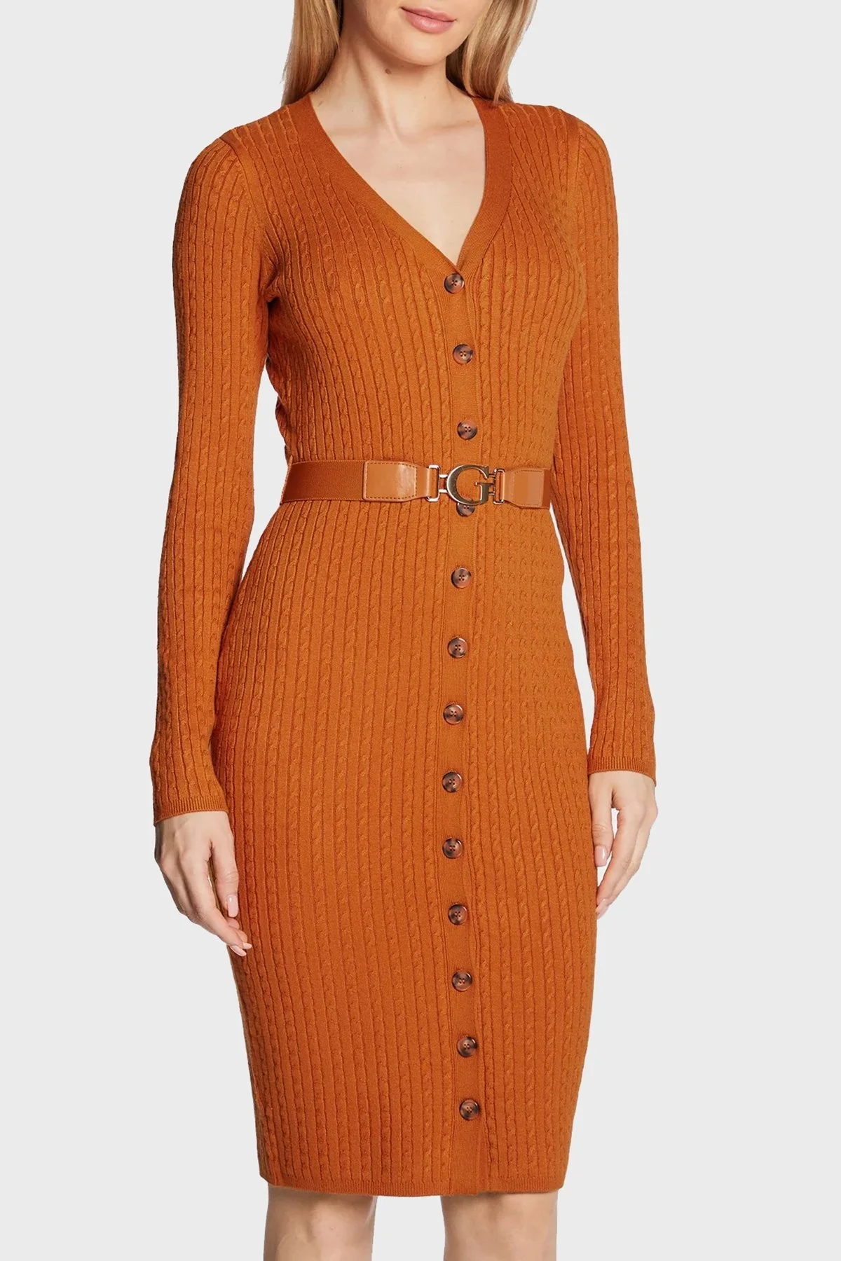 Guess Lena V Yaka Önden Düğmeli Kemerli Örgülü Triko Bayan Elbise W2BK54Z2YJ2 A30D TARÇİN - 1