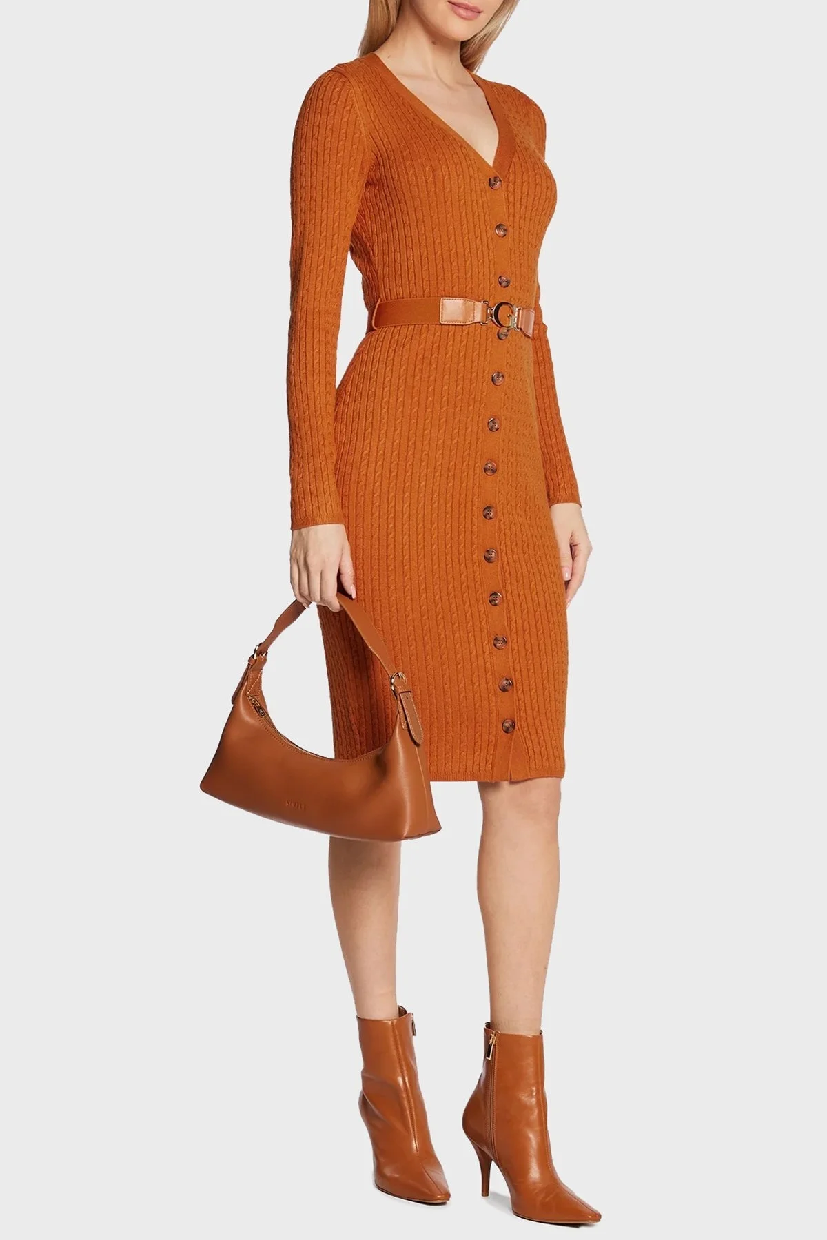 Guess Lena V Yaka Önden Düğmeli Kemerli Örgülü Triko Bayan Elbise W2BK54Z2YJ2 A30D TARÇİN - 2