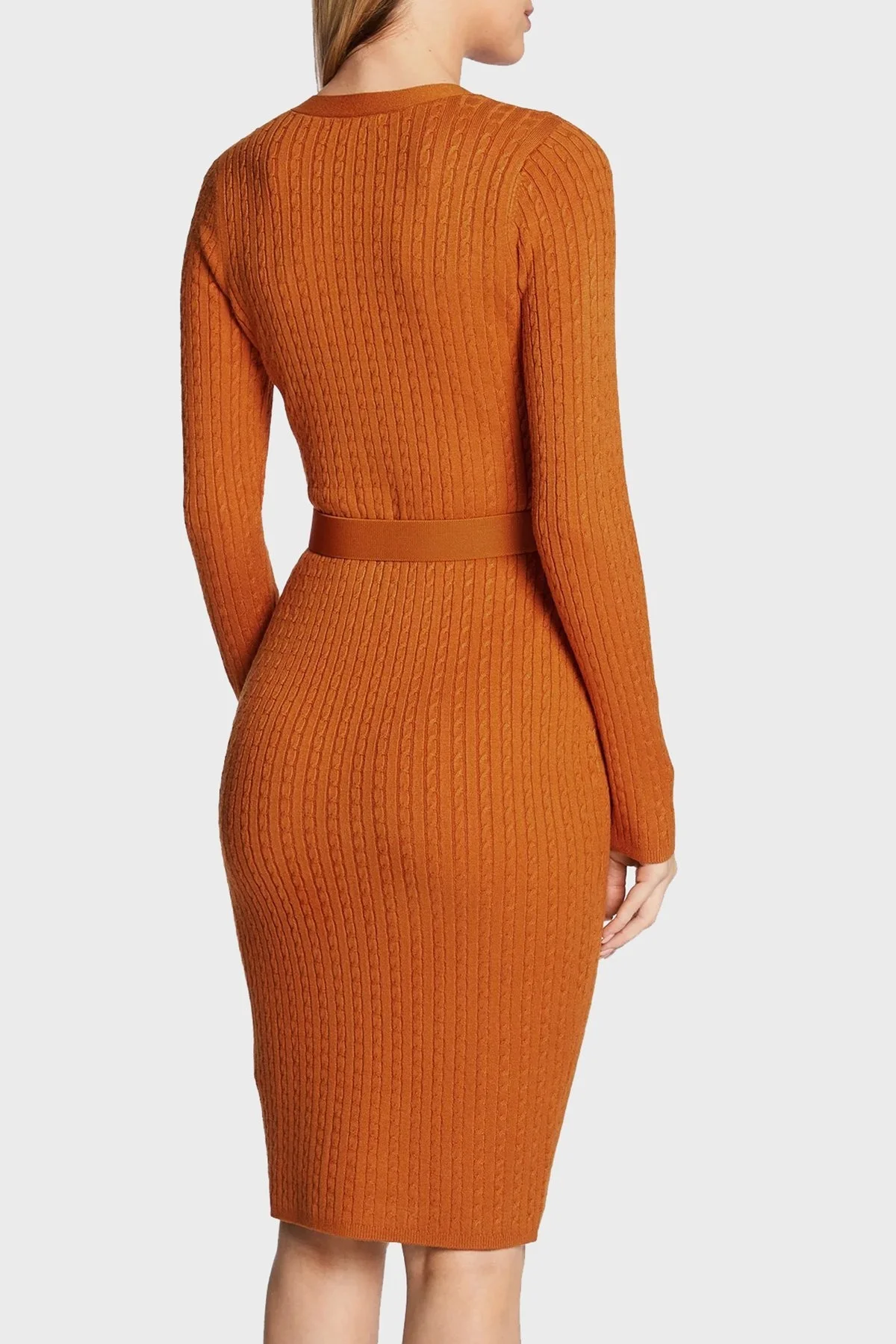 Guess Lena V Yaka Önden Düğmeli Kemerli Örgülü Triko Bayan Elbise W2BK54Z2YJ2 A30D TARÇİN - 3