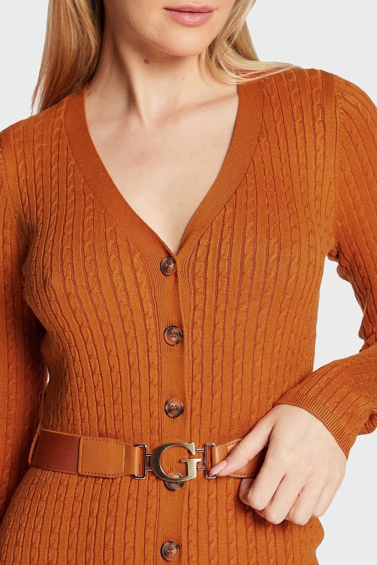 Guess Lena V Yaka Önden Düğmeli Kemerli Örgülü Triko Bayan Elbise W2BK54Z2YJ2 A30D TARÇİN - 4