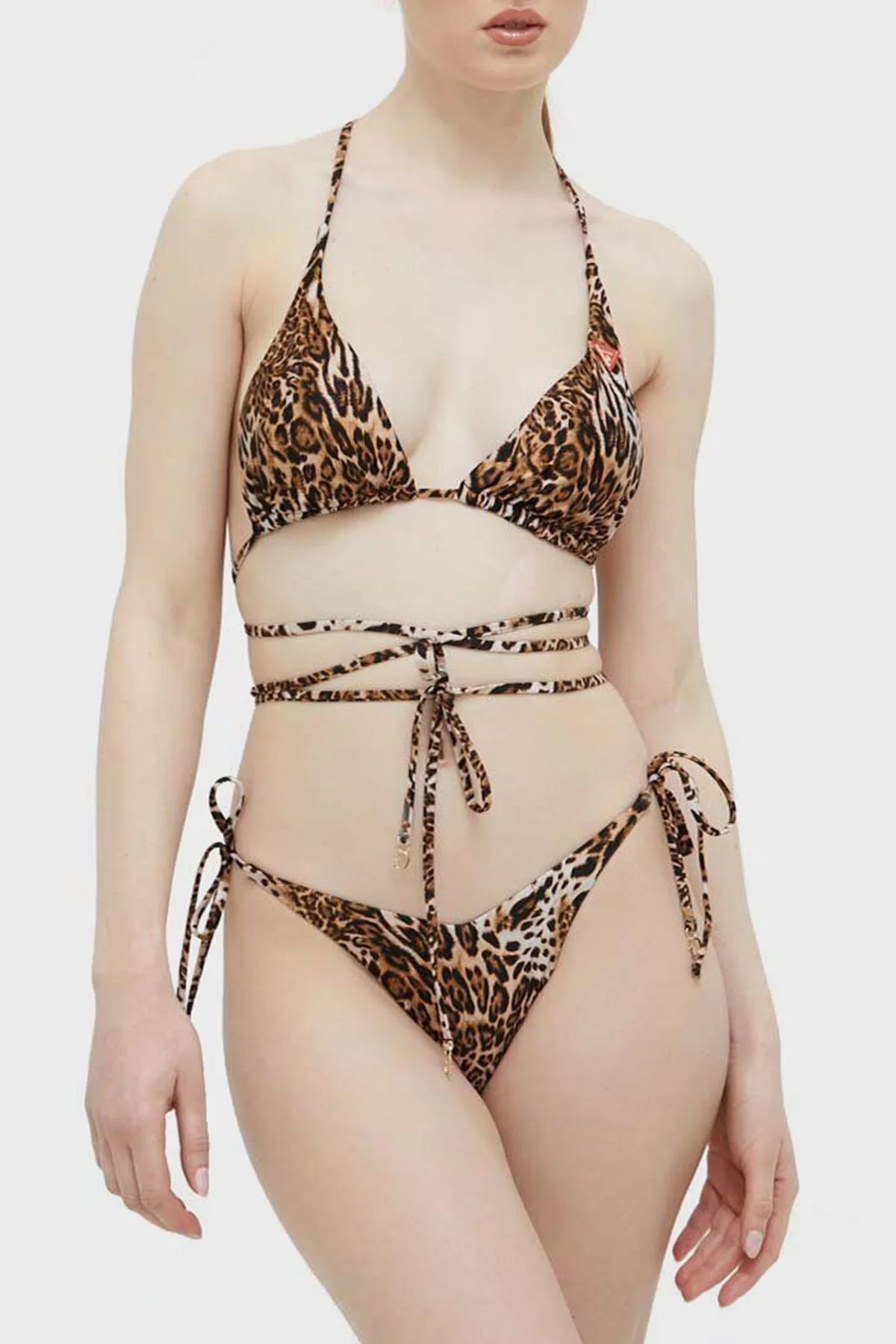 Guess Leopar Desenli Yanlardan Bağlamalı V String Bayan Bikini Altı E3GO03MC04R P122 KAHVE - 2