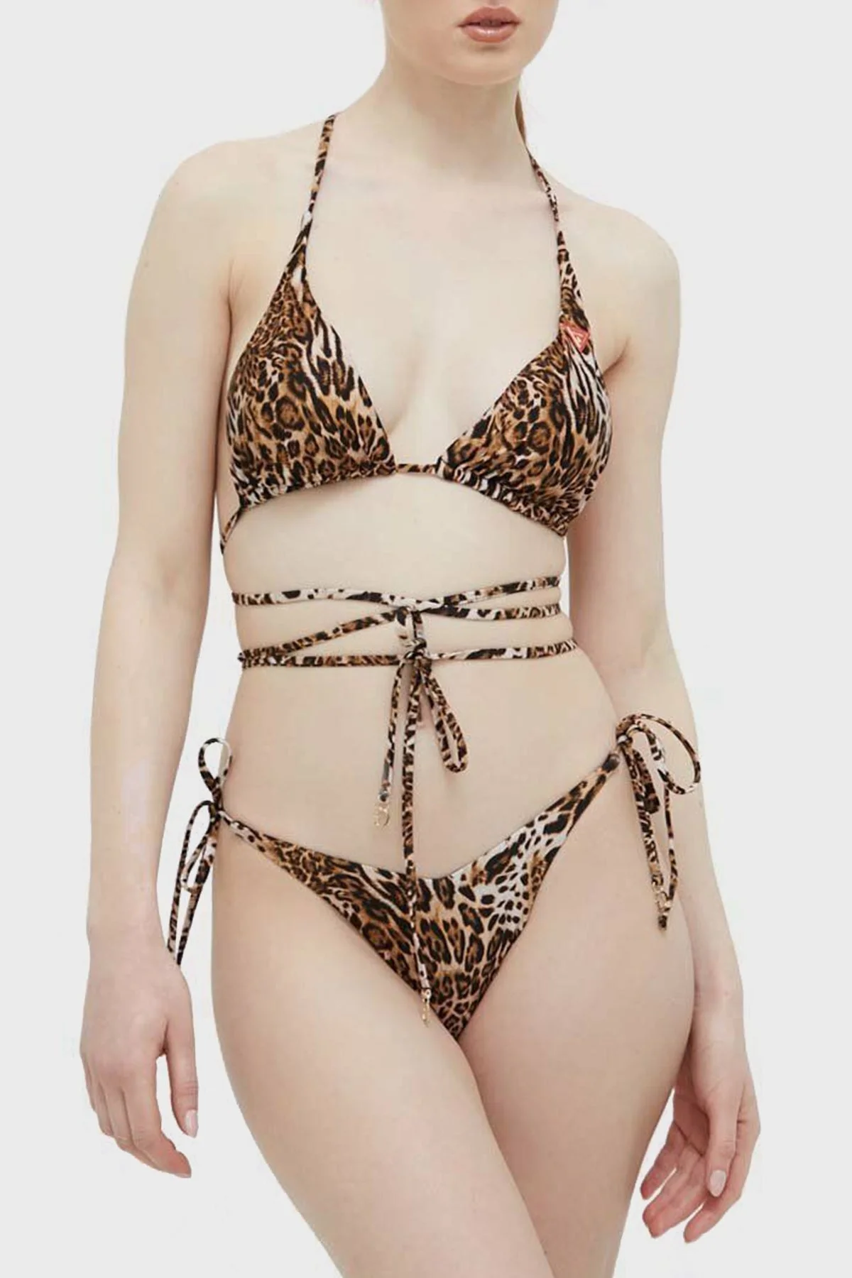 Guess Leoparlı Bağlama Detaylı Çıkarılabilir Dolgulu Removable Üçgen Bayan Bikini Üstü E3GJ06MC04R P122 KAHVE - 4