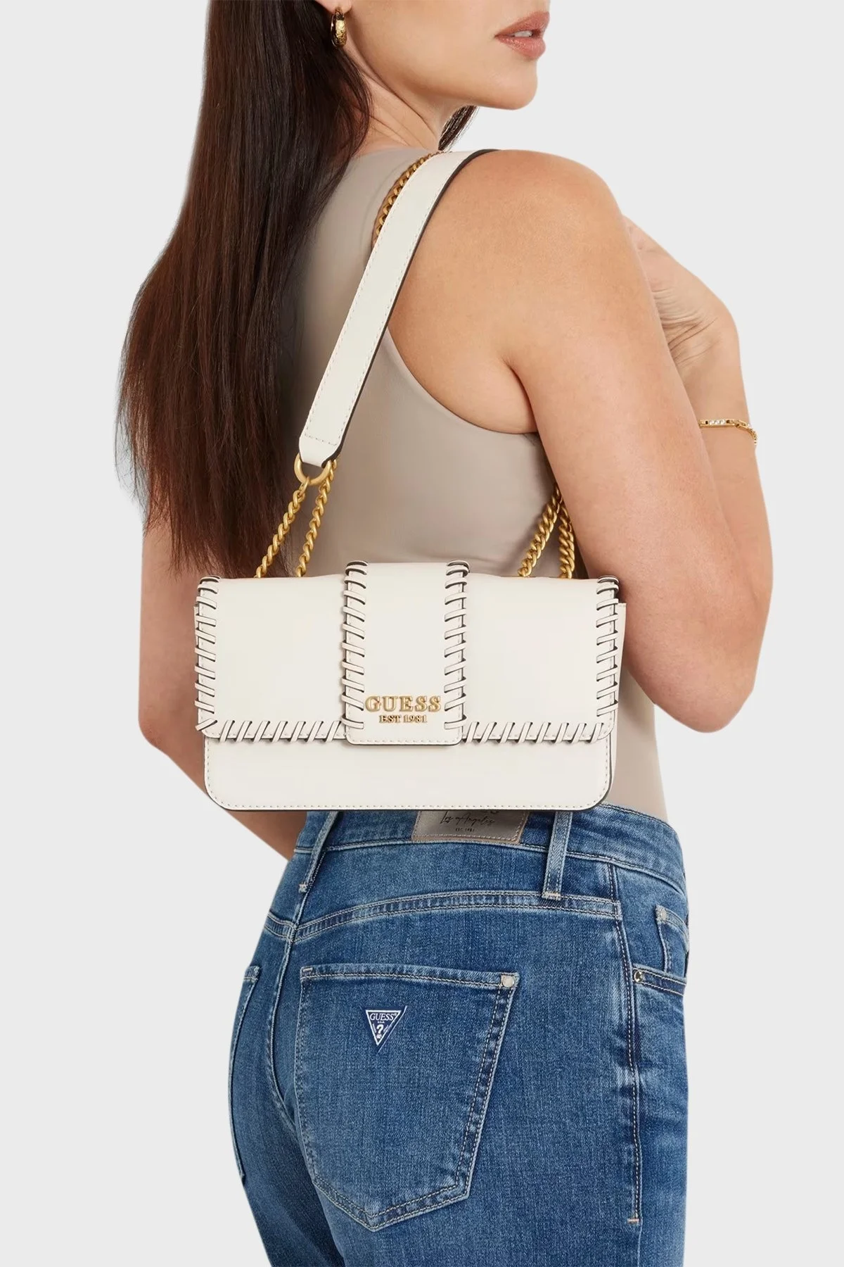 Guess Libera Logolu Belirgin Dikişli Zincir Askılı HWBA9002210 Bayan Çanta HWBA90 02210 STO KREM - 2