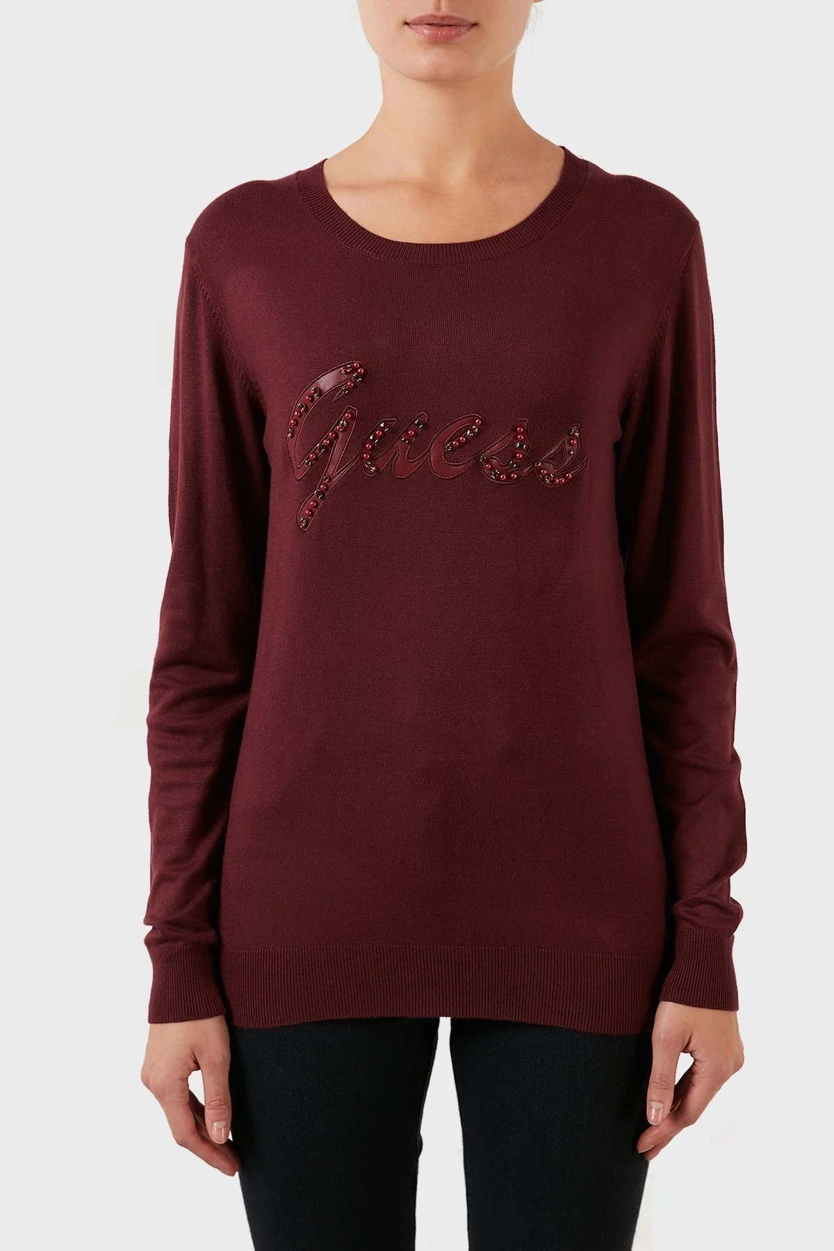 Guess Liliane Taşlı Logo Detaylı Bisiklet Yaka Slim Fit Triko Bayan Kazak W2BR51Z2NQ2 A502 BORDO - 1