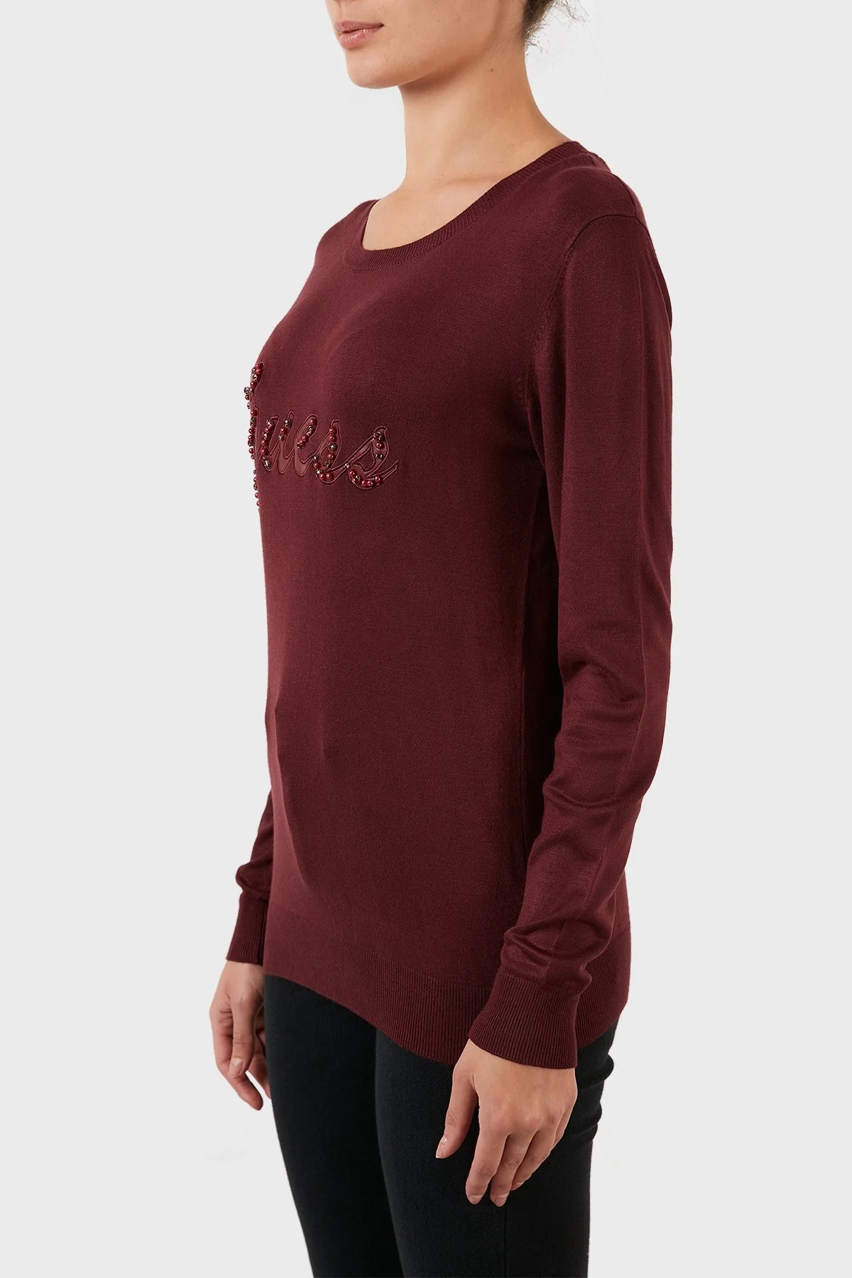 Guess Liliane Taşlı Logo Detaylı Bisiklet Yaka Slim Fit Triko Bayan Kazak W2BR51Z2NQ2 A502 BORDO - 2