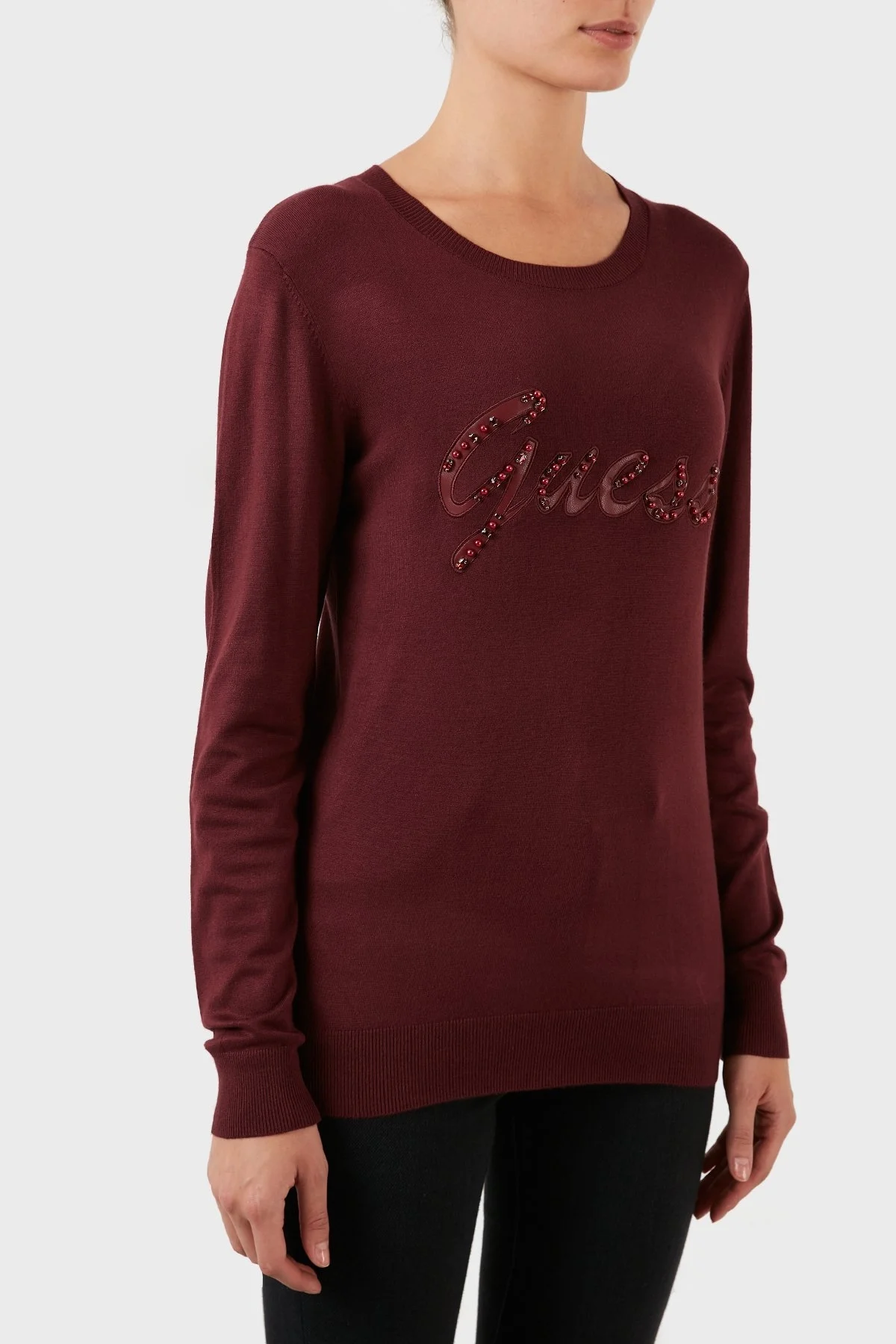 Guess Liliane Taşlı Logo Detaylı Bisiklet Yaka Slim Fit Triko Bayan Kazak W2BR51Z2NQ2 A502 BORDO - 3