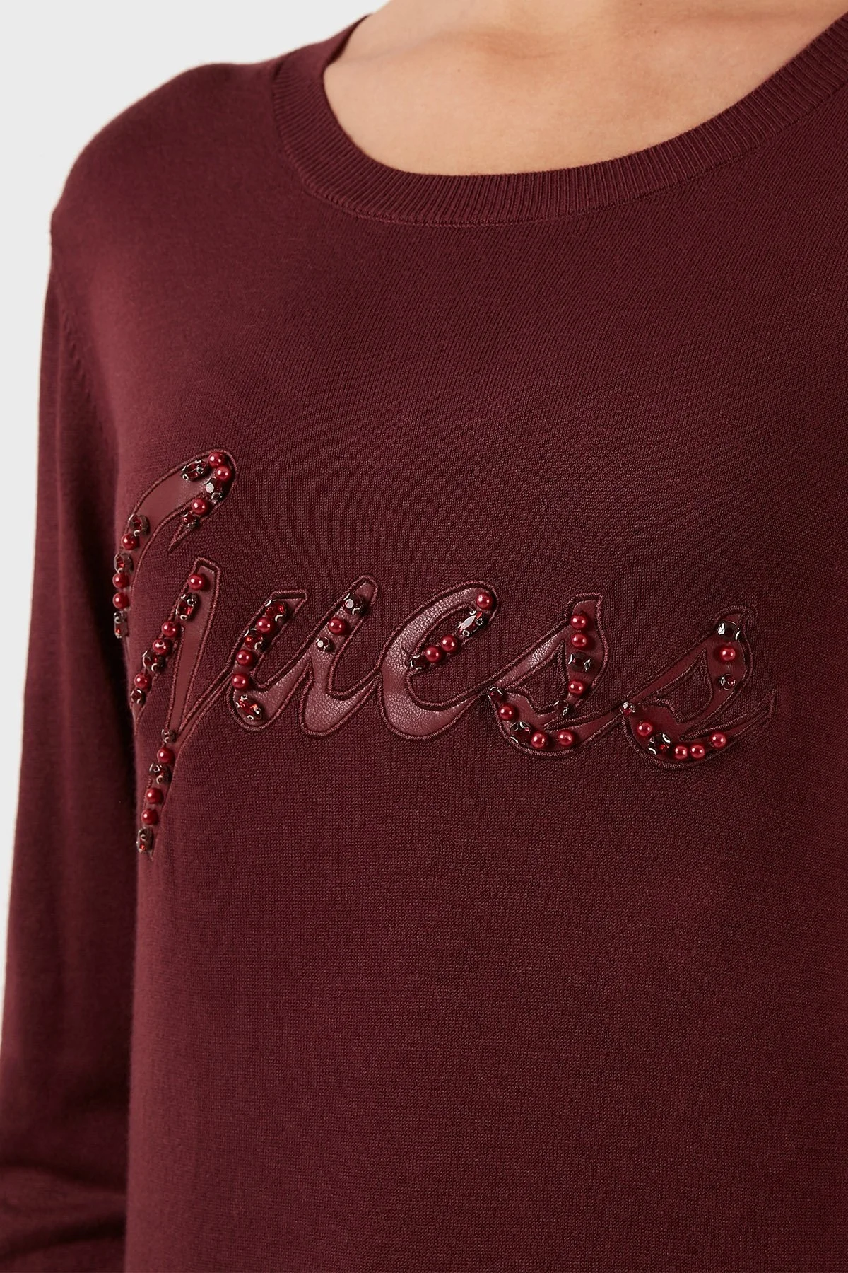 Guess Liliane Taşlı Logo Detaylı Bisiklet Yaka Slim Fit Triko Bayan Kazak W2BR51Z2NQ2 A502 BORDO - 4