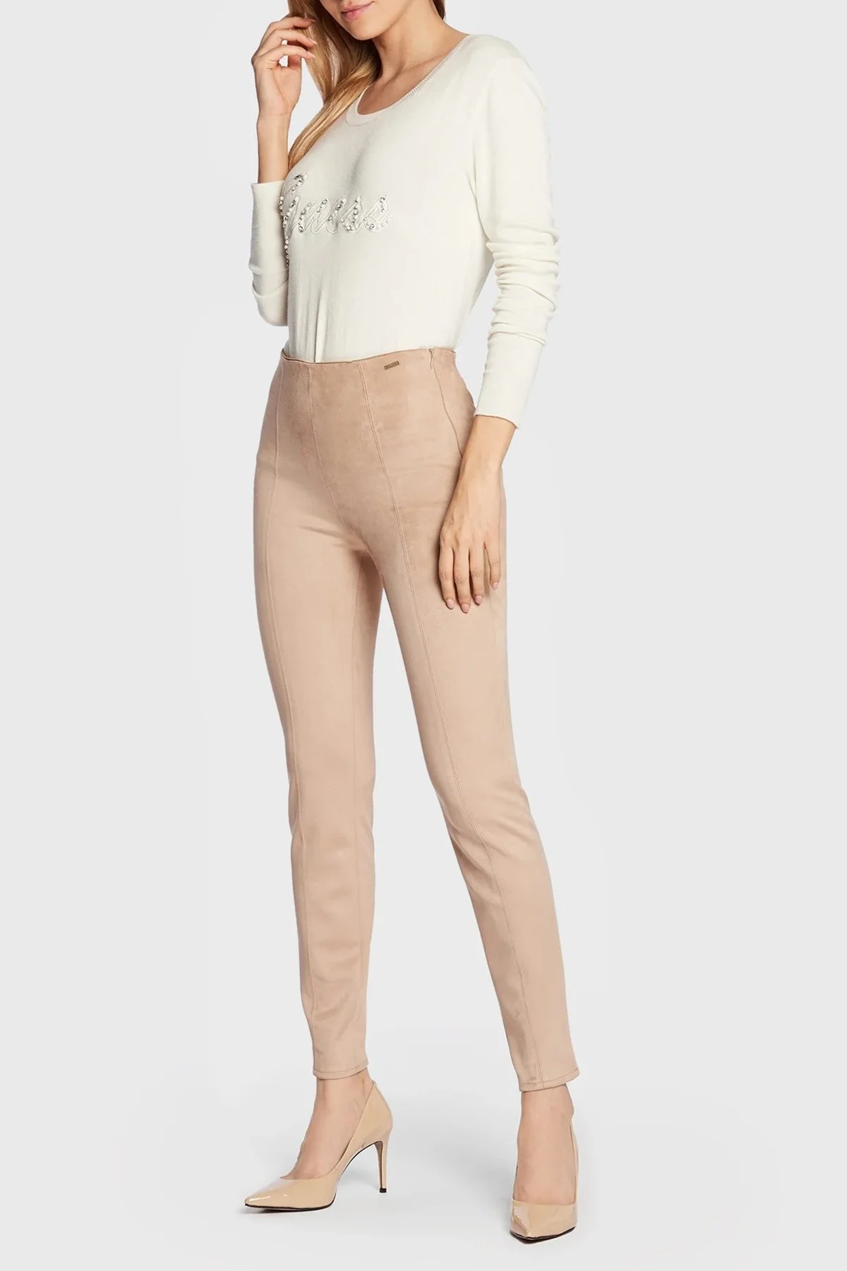 Guess Liliane Taşlı Logo Detaylı Bisiklet Yaka Slim Fit Triko Bayan Kazak W2BR51Z2NQ2 G012 EKRU - 4