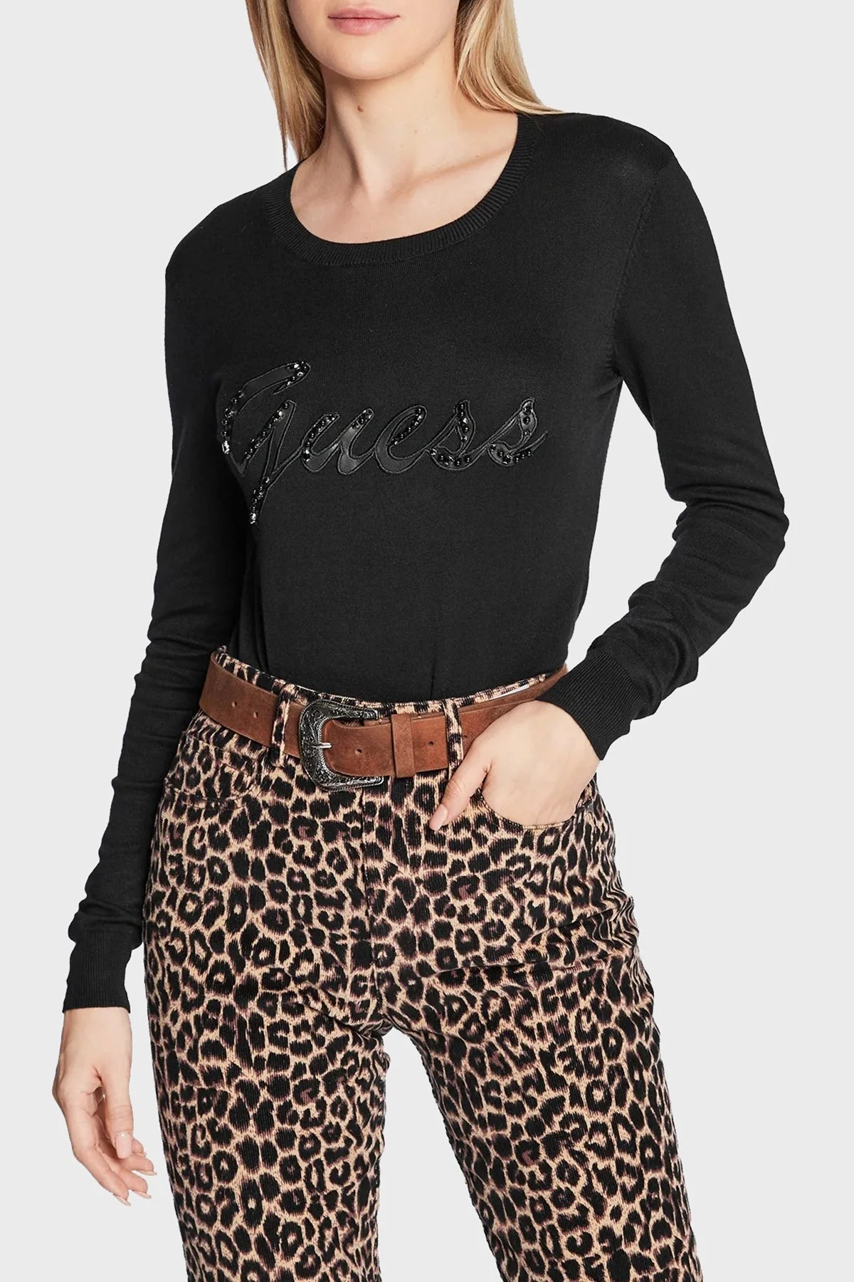 Guess Liliane Taşlı Logo Detaylı Bisiklet Yaka Slim Fit Triko Bayan Kazak W2BR51Z2NQ2 JBLK SİYAH - 1