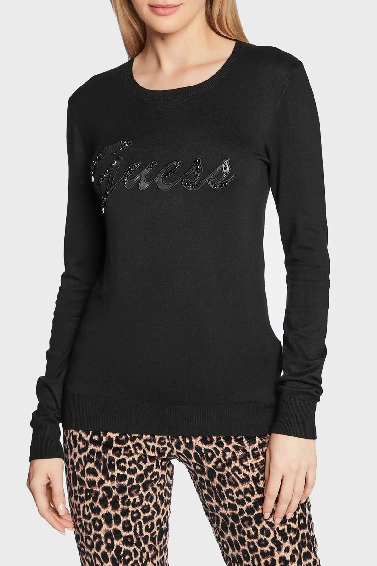 Guess Liliane Taşlı Logo Detaylı Bisiklet Yaka Slim Fit Triko Bayan Kazak W2BR51Z2NQ2 JBLK SİYAH - 5