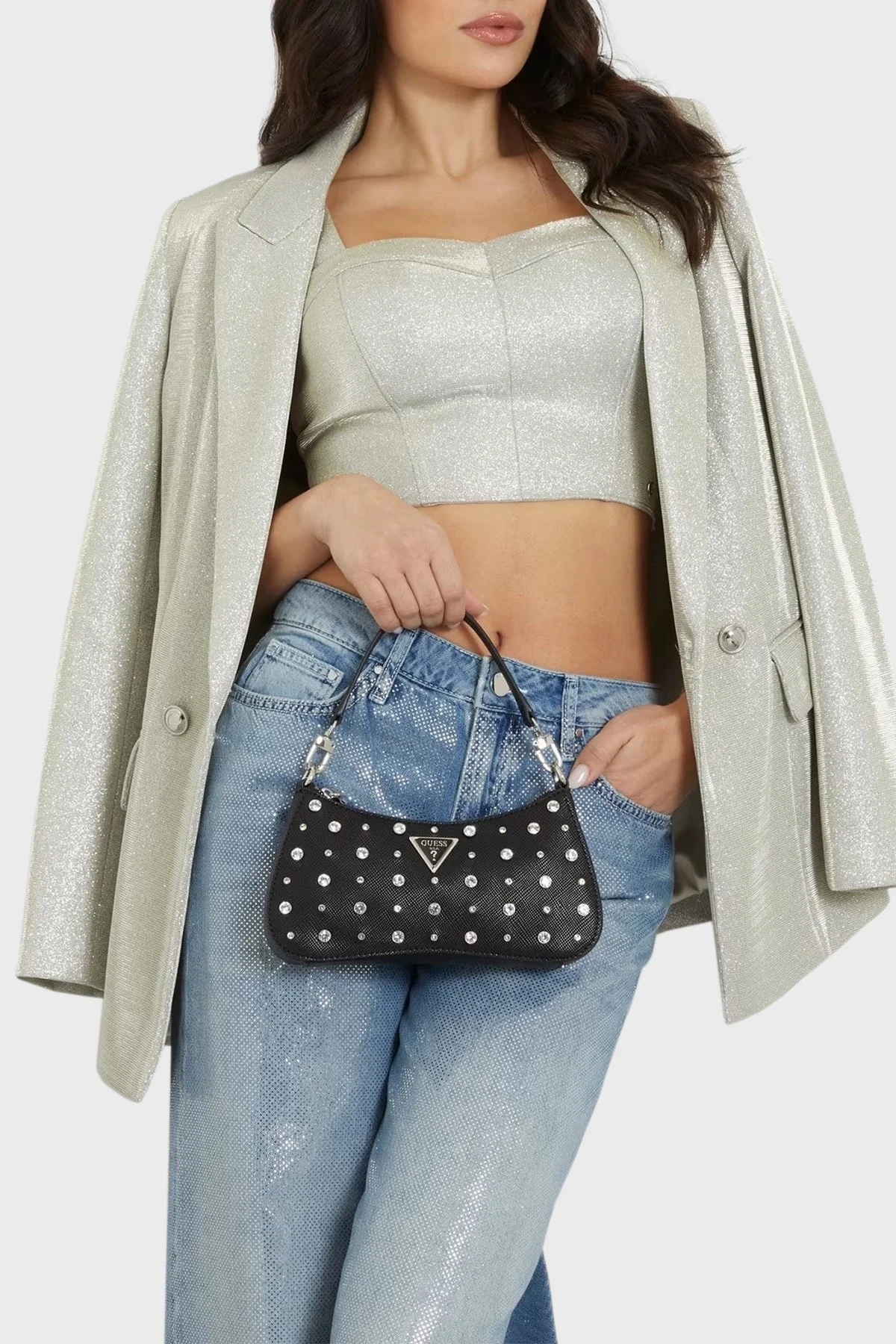 Guess Liona Taşlı Ayarlanabilir ve Çıkarılabilir Uzatma Askılı HWEY9200720BLA Bayan Çanta HWEY9200720 BLA SİYAH - 2