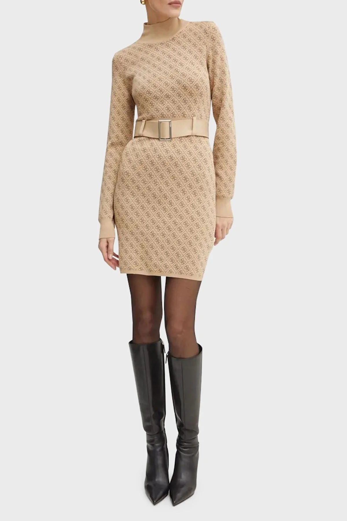 Guess Lise 4G Logolu Regular Fit Kemerli Mini Triko W4BK43Z37K0 Bayan Elbise W4BK43 Z37K0 F1FP KAHVE - 3