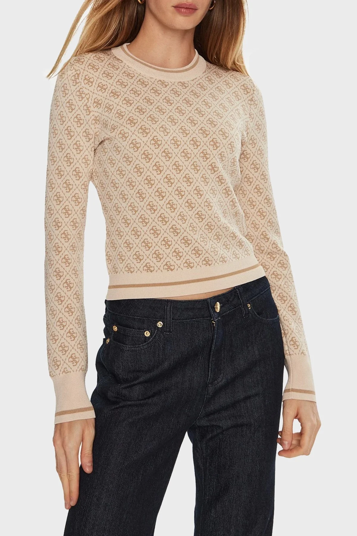 Guess Lise 4G Logolu Slim Fit Bisiklet Yaka W4BR21Z37K0 Bayan Kazak W4BR21 Z37K0 FN3J KREM - 5