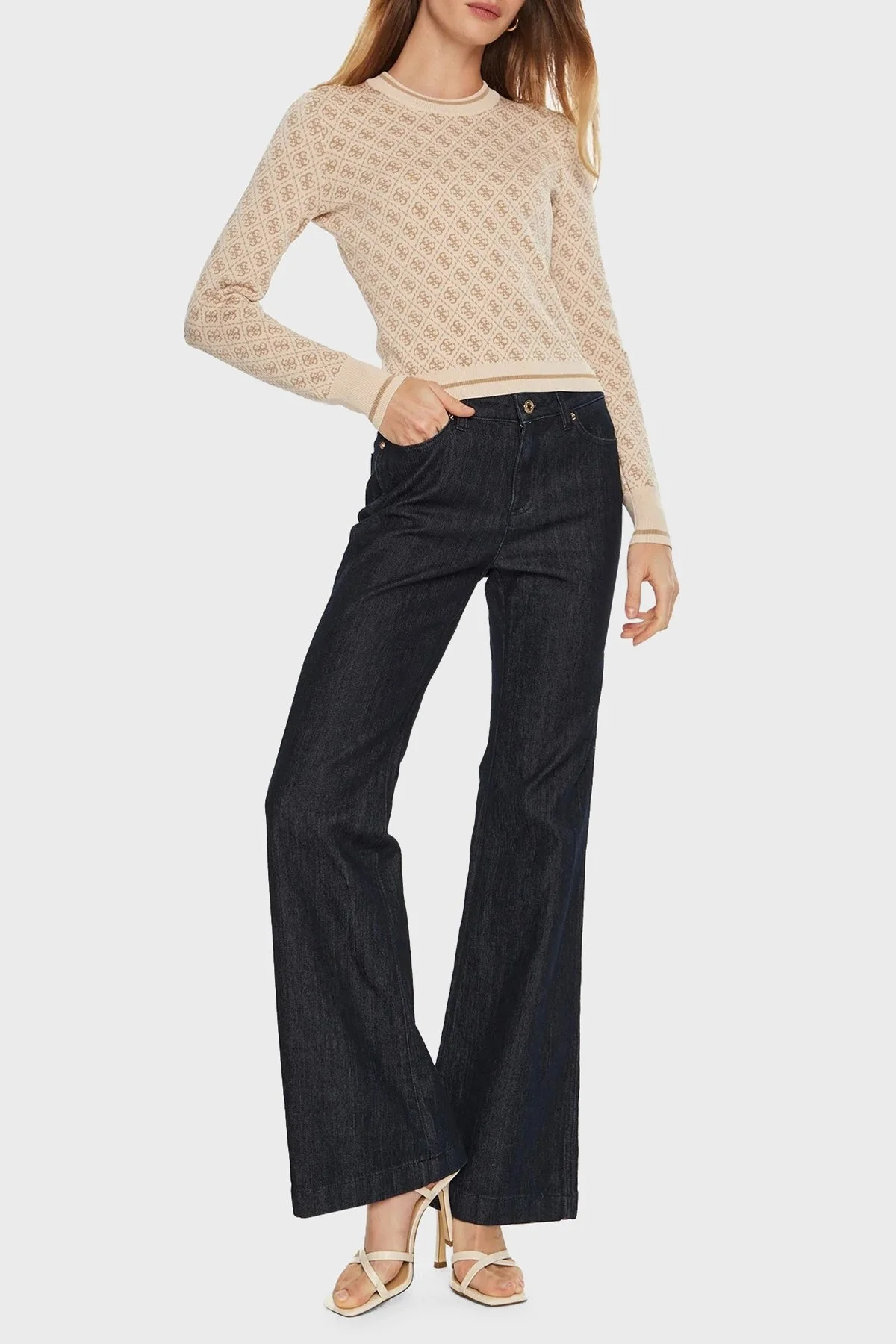 Guess Lise 4G Logolu Slim Fit Bisiklet Yaka W4BR21Z37K0 Bayan Kazak W4BR21 Z37K0 FN3J KREM - 6