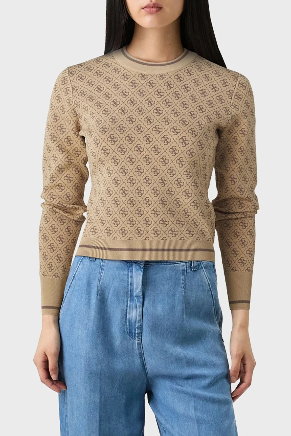 Guess Lise 4G Logolu Streç Slim Fit Bisiklet Yaka W4BR21Z37K0 Bayan Kazak W4BR21 Z37K0 F1FP KAHVE - 5