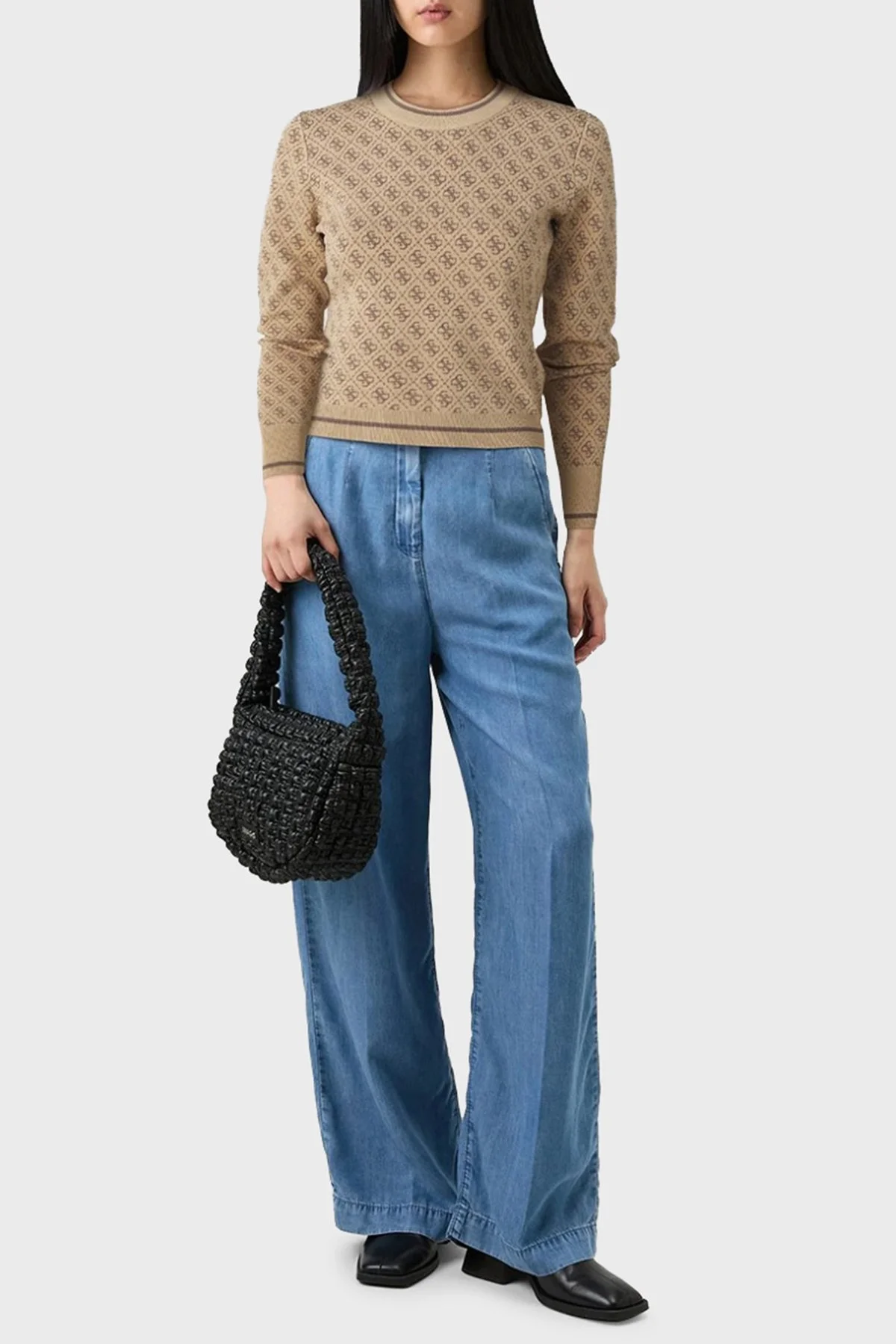 Guess Lise 4G Logolu Streç Slim Fit Bisiklet Yaka W4BR21Z37K0 Bayan Kazak W4BR21 Z37K0 F1FP KAHVE - 6