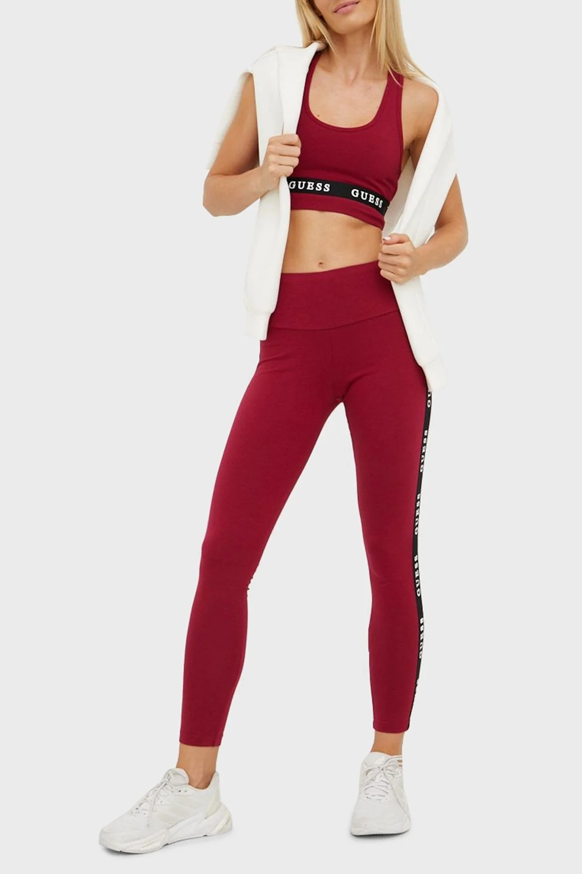 Guess Logo Şeritli Yüksek Bel Slim Fit Aline Bayan Tayt V2YB14KABR0 G4F7 BORDO - 1