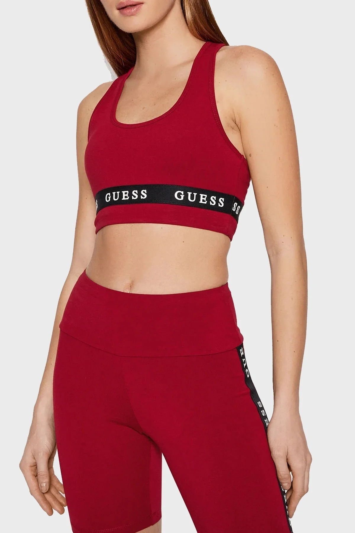 Guess Logo Şeritli Yuvarlak Yaka Aline Spor Bayan Sütyen V2YP12KABR0 G4F7 BORDO - 1