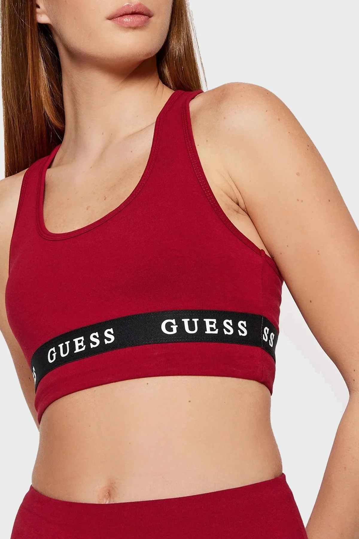 Guess Logo Şeritli Yuvarlak Yaka Aline Spor Bayan Sütyen V2YP12KABR0 G4F7 BORDO - 4