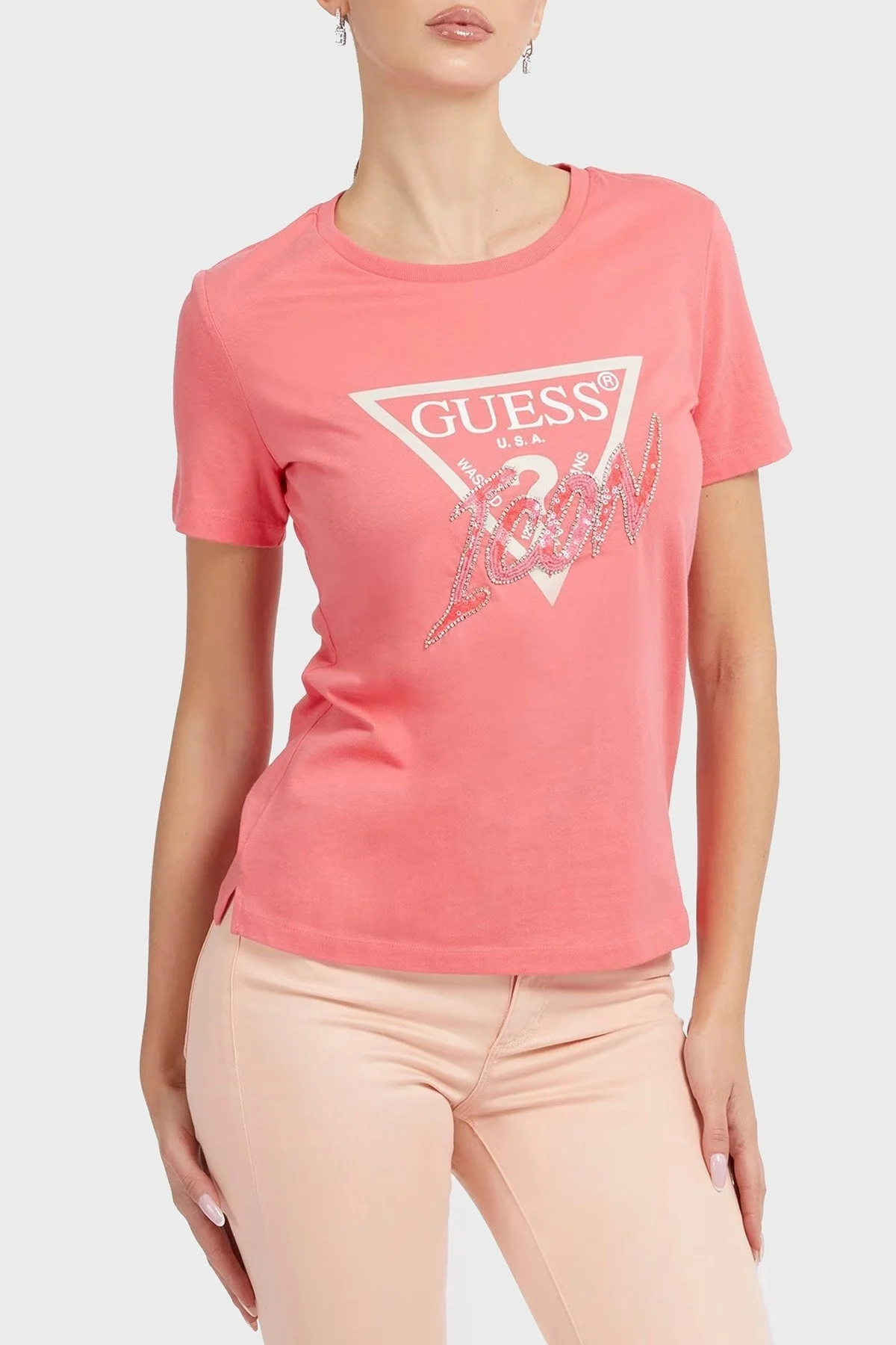 Guess Logolu Bisiklet Yaka % 100 Pamuklu Regular Fit Icon Bayan T Shirt W3GI46I3Z14 A60Y MERCAN - 1