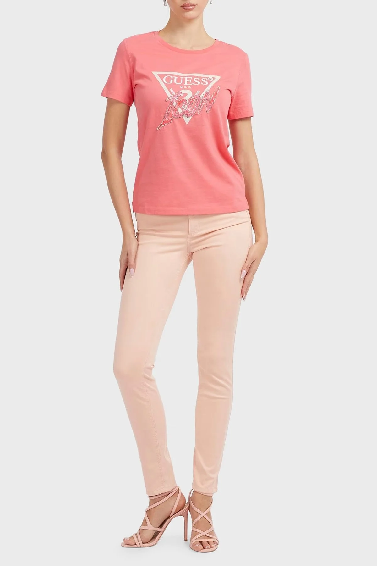 Guess Logolu Bisiklet Yaka % 100 Pamuklu Regular Fit Icon Bayan T Shirt W3GI46I3Z14 A60Y MERCAN - 2