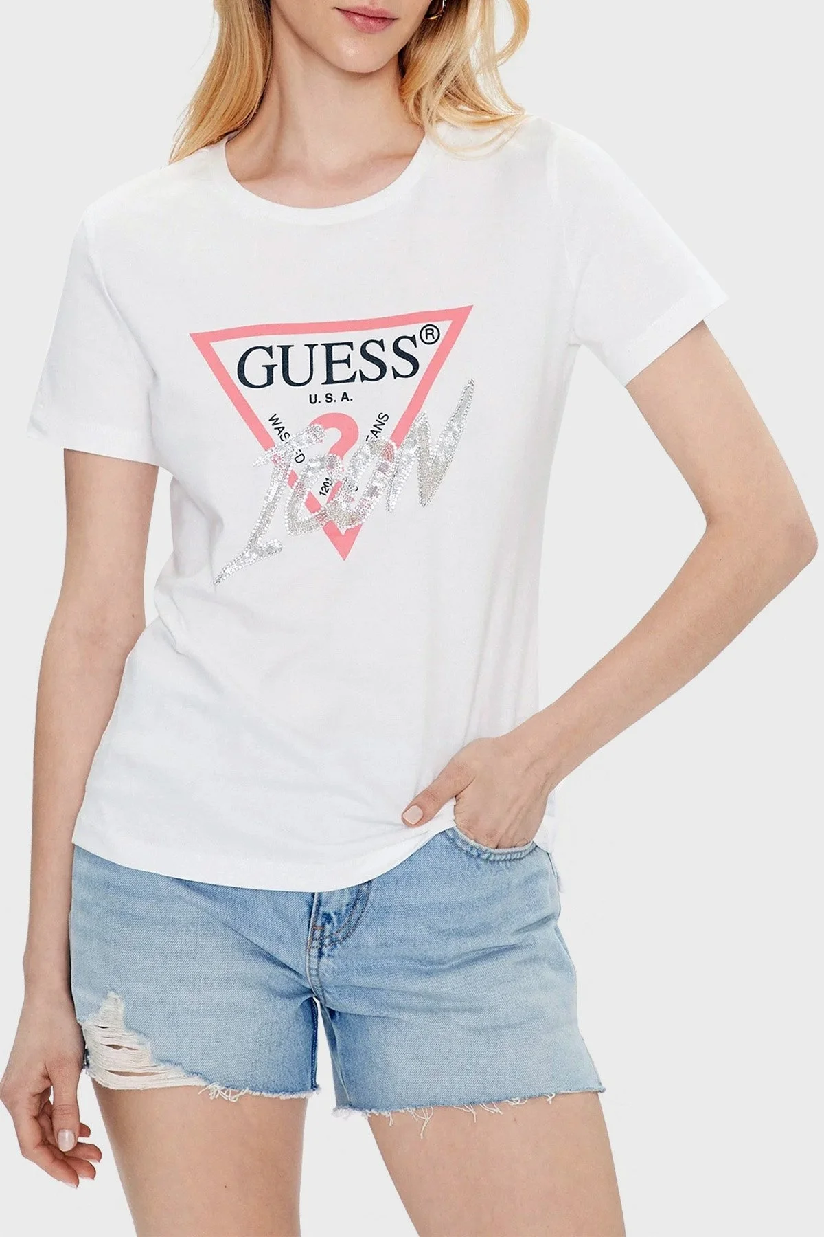 Guess Logolu Bisiklet Yaka % 100 Pamuklu Regular Fit Icon Bayan T Shirt W3GI46I3Z14 G011 BEYAZ - 1