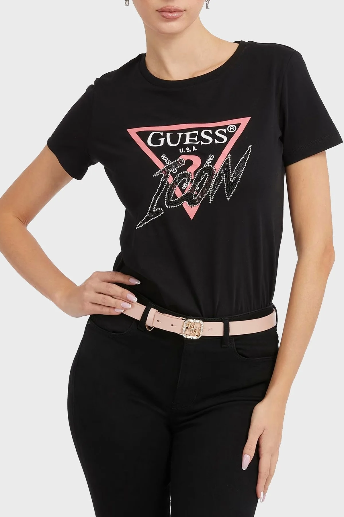 Guess Logolu Bisiklet Yaka % 100 Pamuklu Regular Fit Icon Bayan T Shirt W3GI46I3Z14 JBLK SİYAH - 1