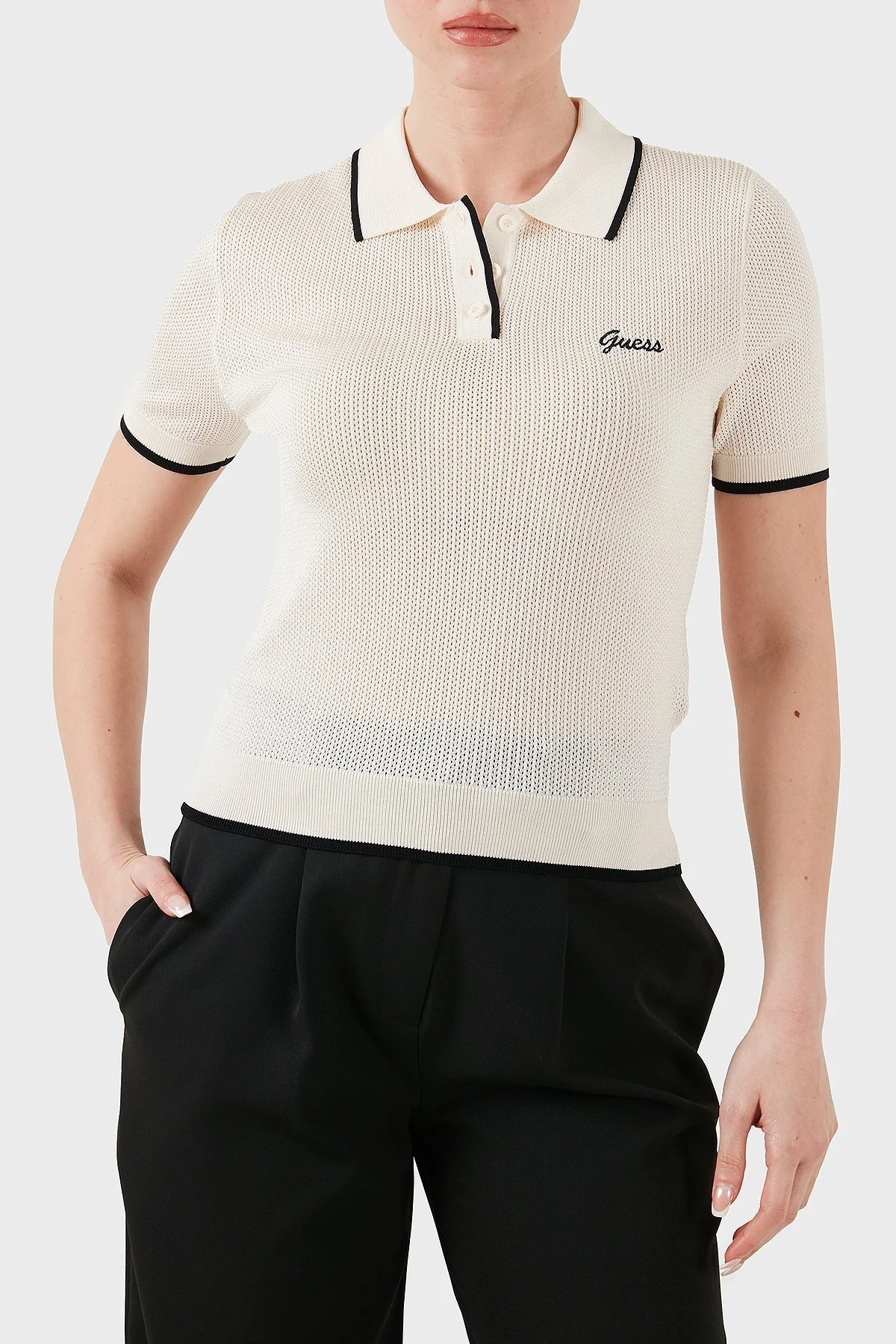 Guess Logolu Slim Fit Düğmeli V5GP00Z3D60 Bayan Polo Yaka T Shirt V5GP00 Z3D60 G1O6 EKRU - 6