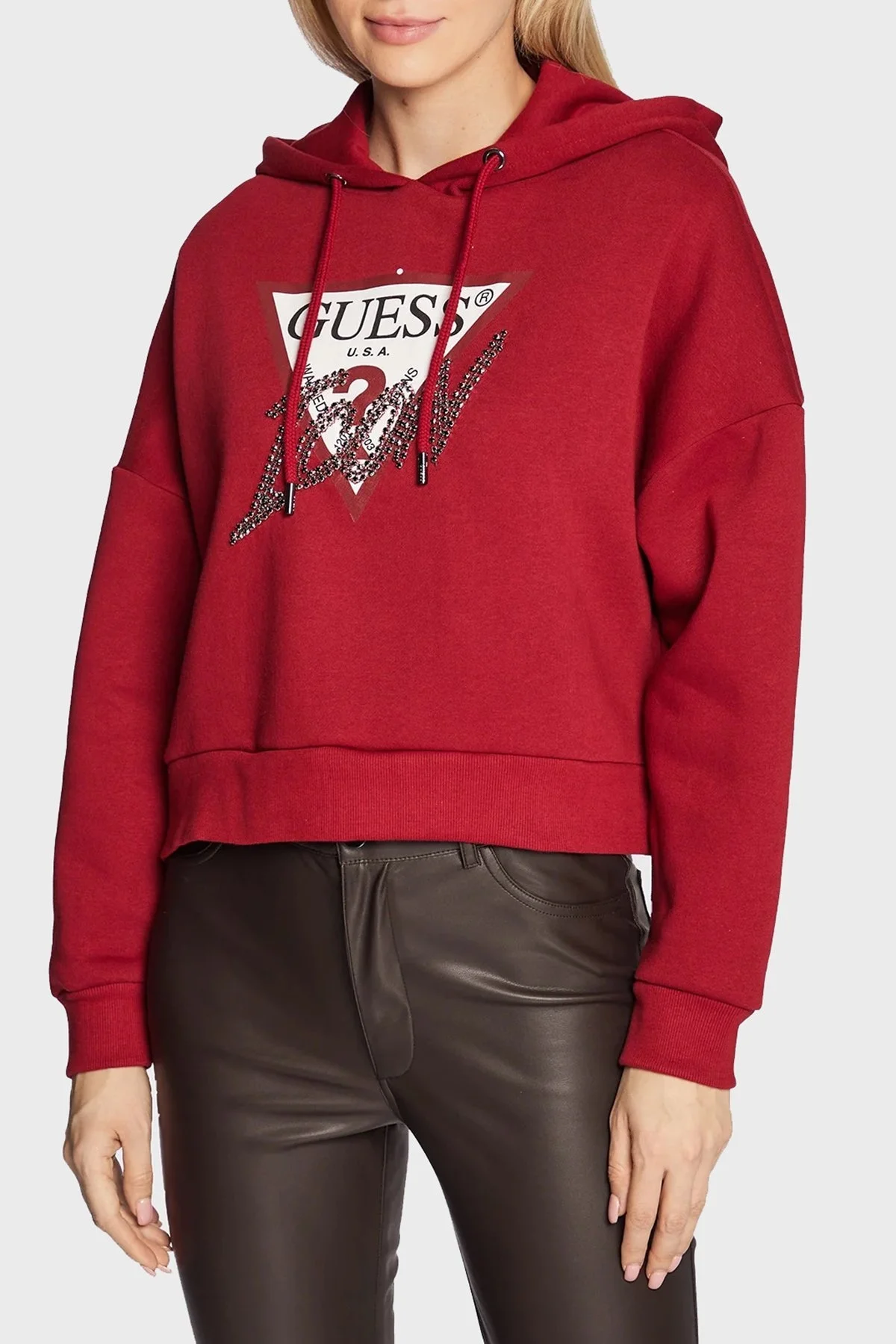 Guess Logolu Taş Detaylı Kapüşonlu Regular Fit Hoody Bayan Sweat W2BQ17KB683 G5B7 BORDO - 1