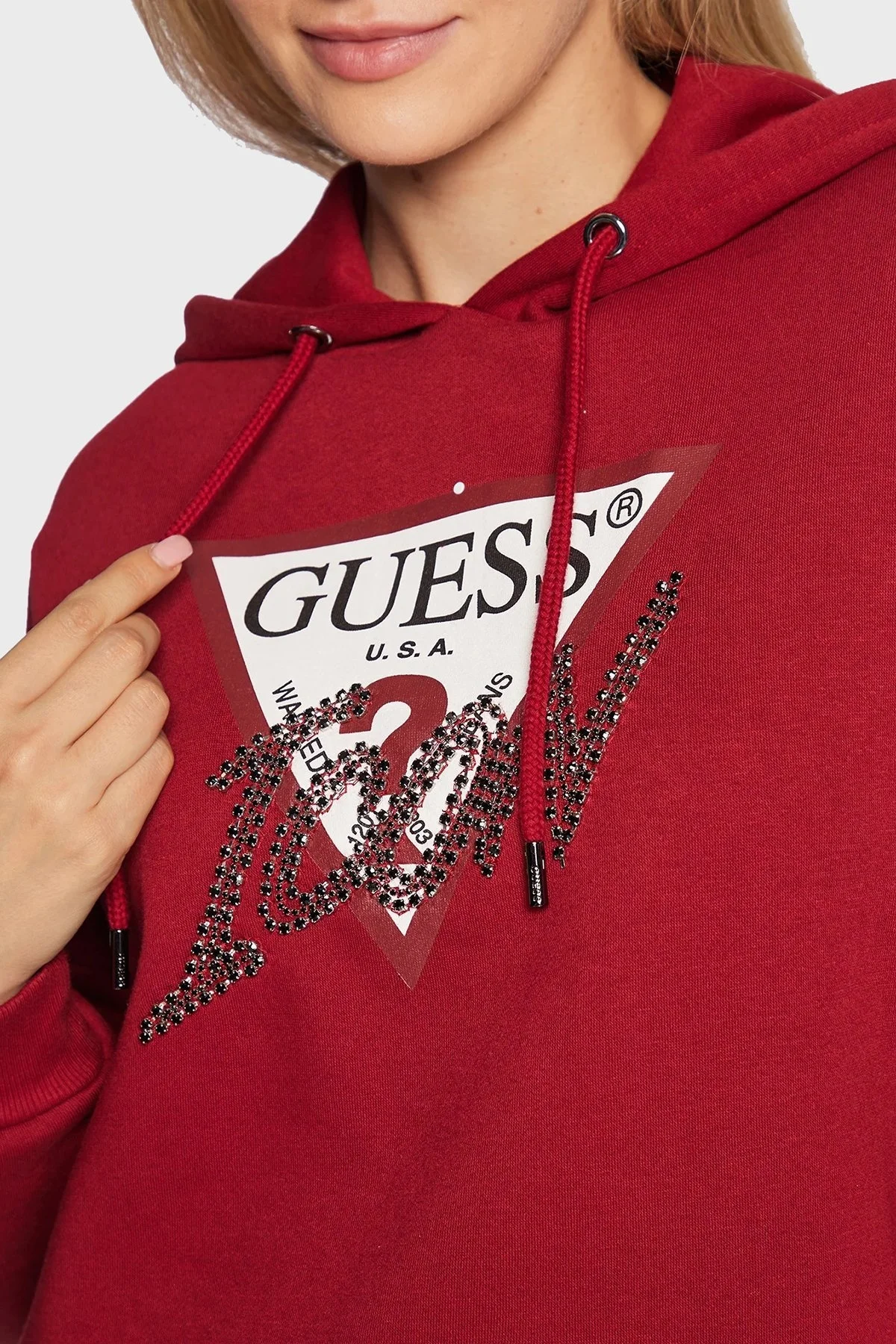 Guess Logolu Taş Detaylı Kapüşonlu Regular Fit Hoody Bayan Sweat W2BQ17KB683 G5B7 BORDO - 5