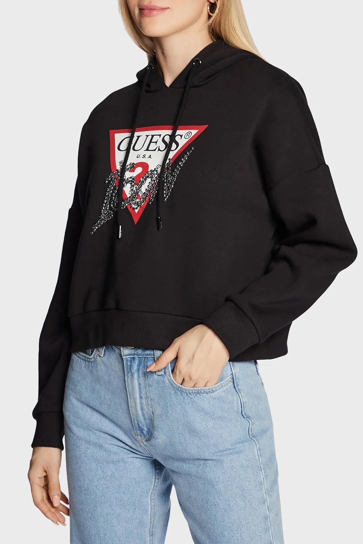 Guess Logolu Taş Detaylı Kapüşonlu Regular Fit Hoody Bayan Sweat W2BQ17KB683 JBLK SİYAH - 1