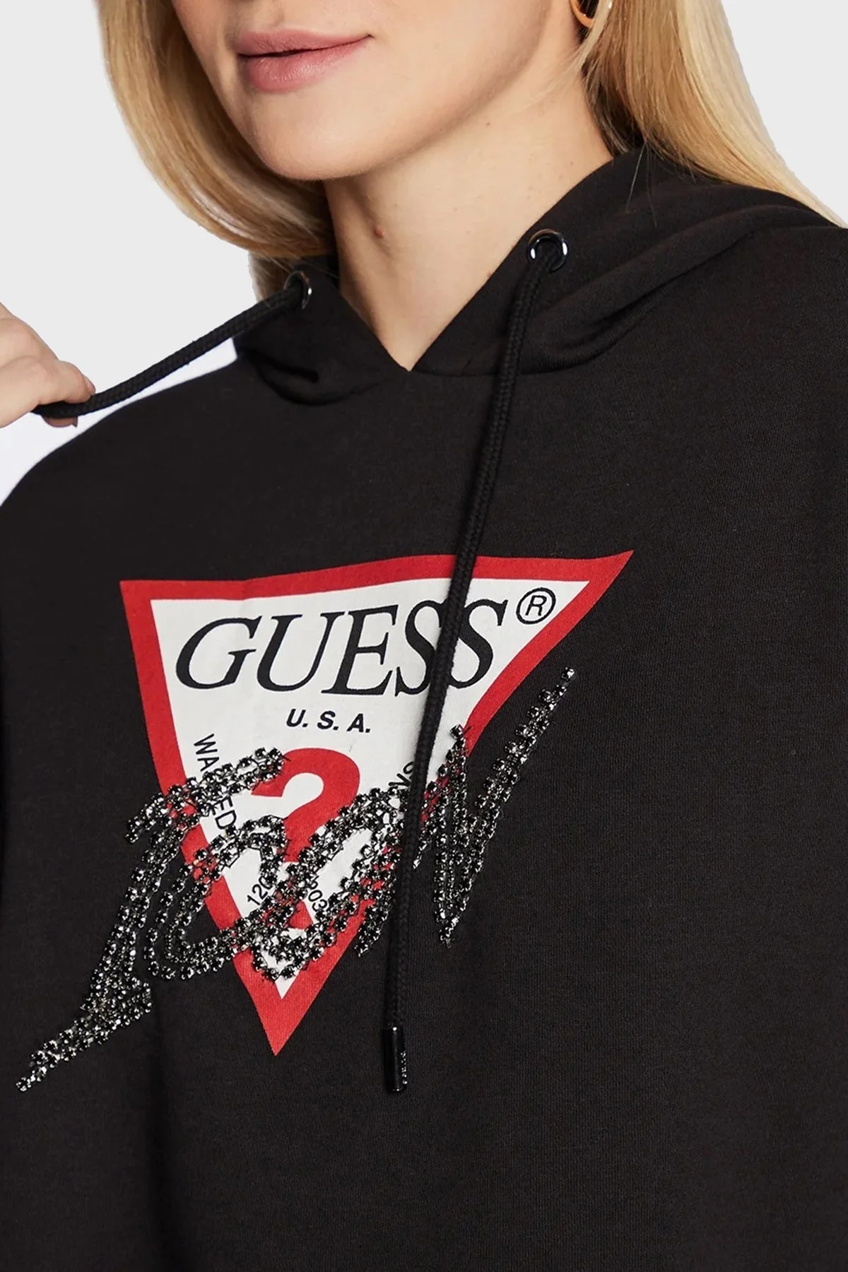 Guess Logolu Taş Detaylı Kapüşonlu Regular Fit Hoody Bayan Sweat W2BQ17KB683 JBLK SİYAH - 3