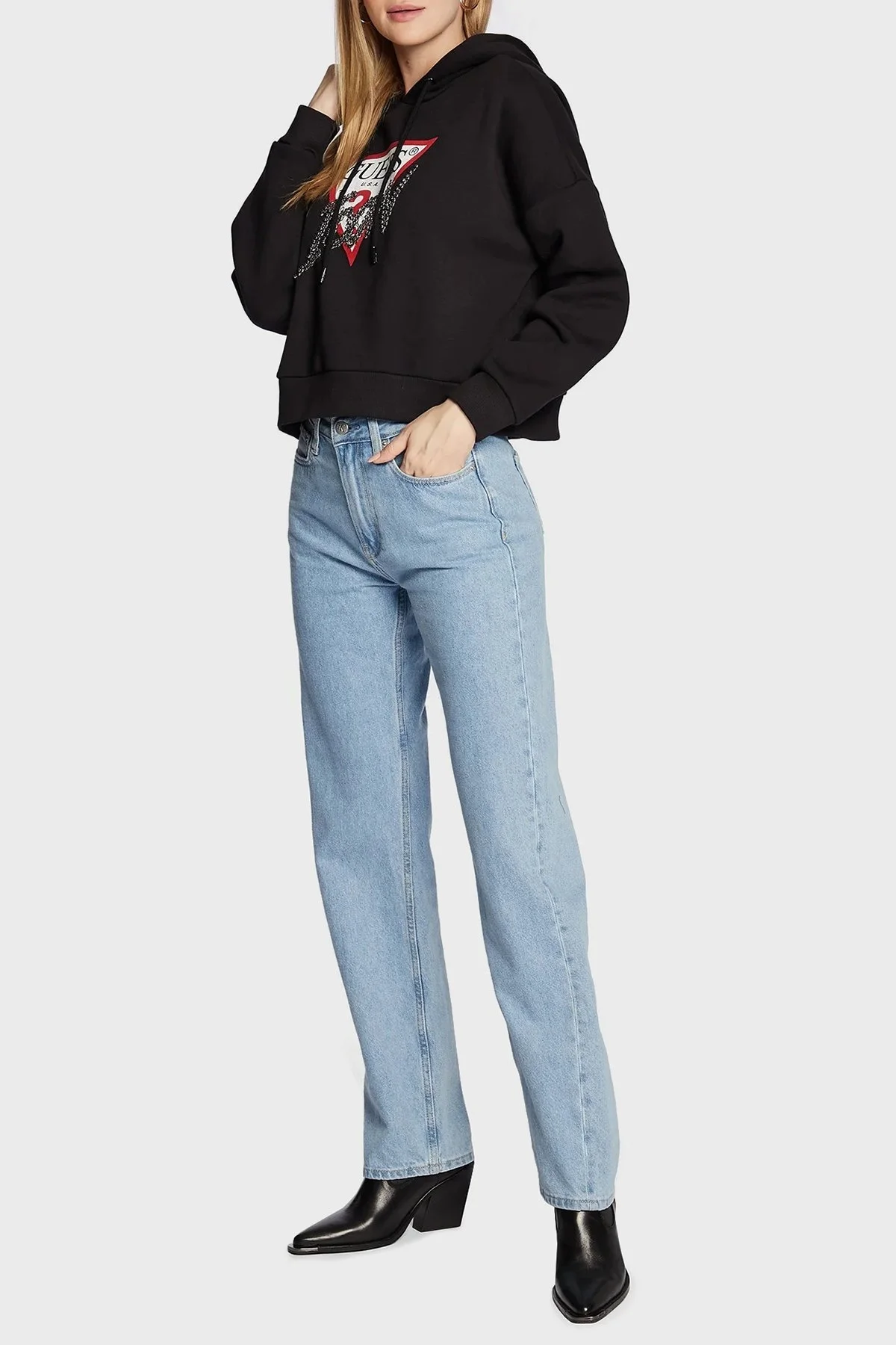 Guess Logolu Taş Detaylı Kapüşonlu Regular Fit Hoody Bayan Sweat W2BQ17KB683 JBLK SİYAH - 4