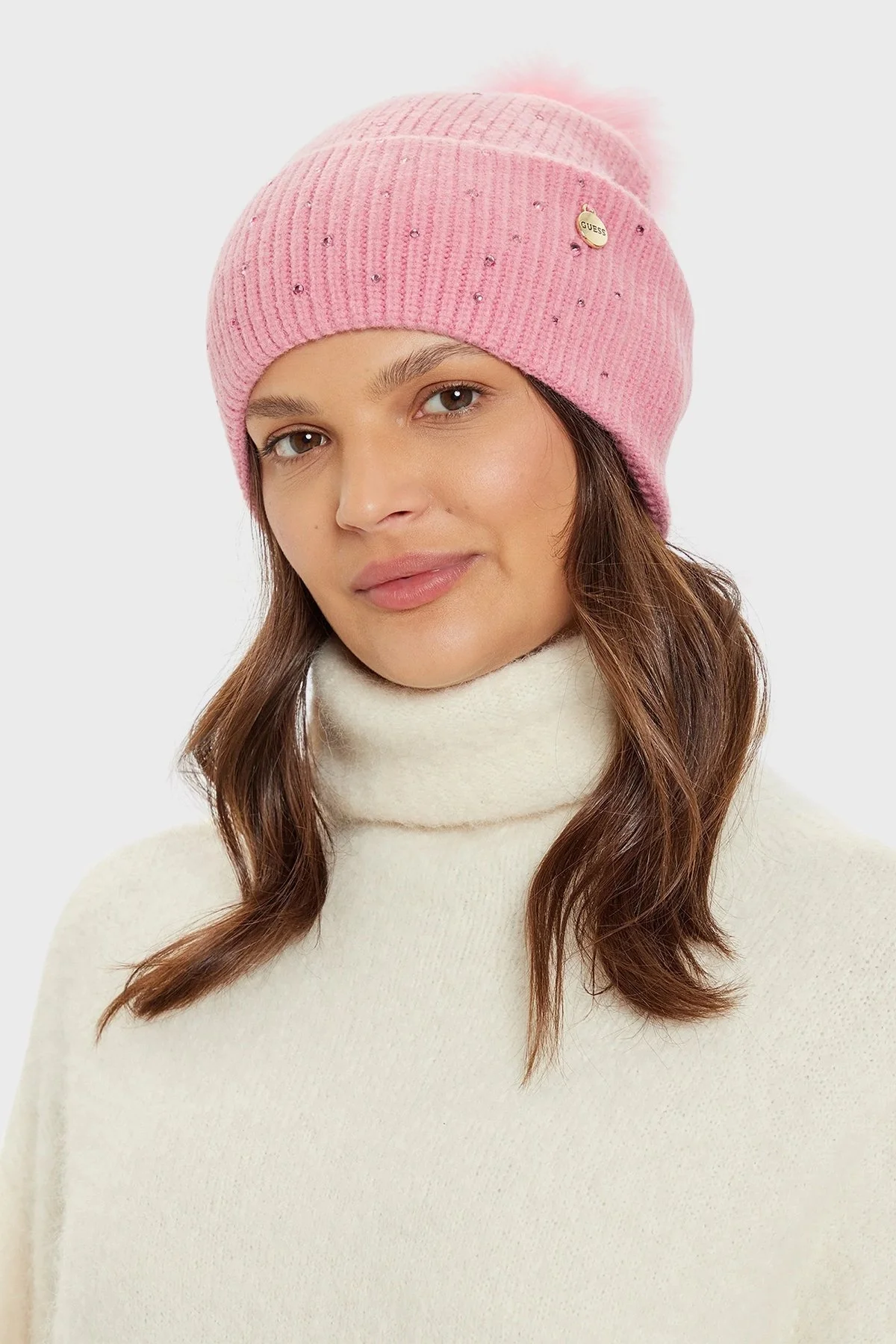 Guess Logolu Taşlı ve Ponponlu AW5213POL01 Bayan Bere AW5213 POL01 PIN PEMBE - 1