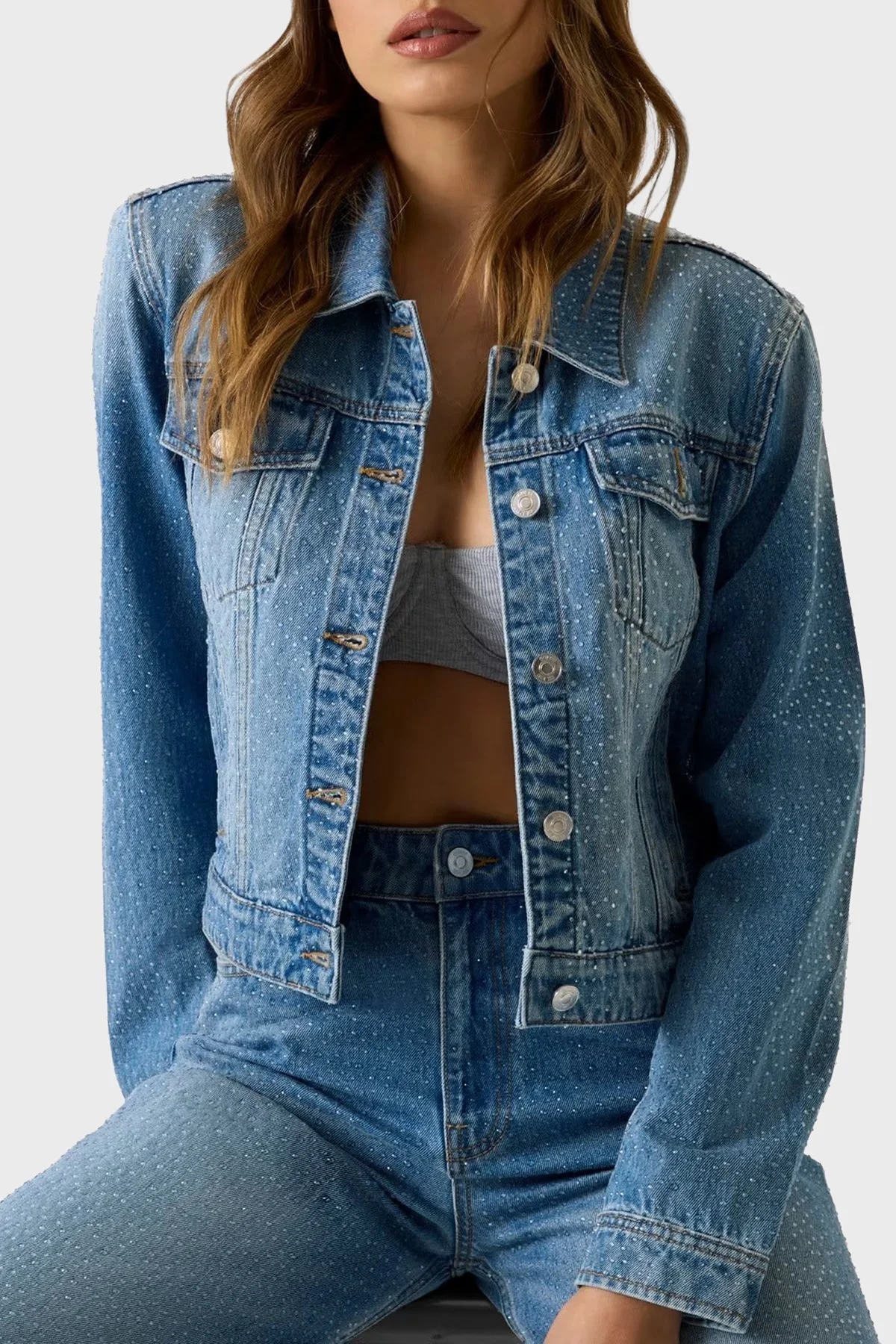 Guess Lola % 100 Pamuk Regular Fit Taş Detaylı Denim W6GN14D0971 Bayan Ceket W6GN1 4D0971 KEPR MAVİ - 5