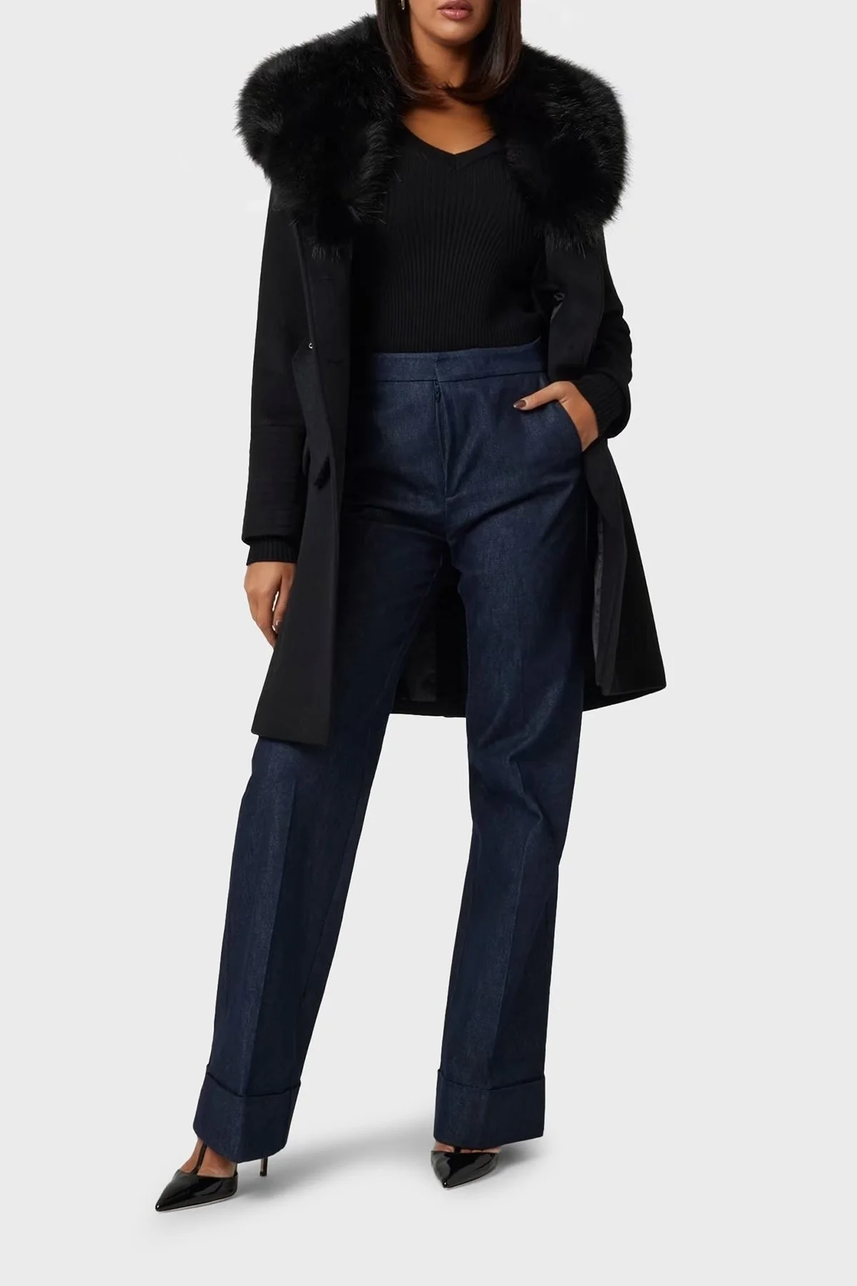 Marciano by Guess Loreta Regular Fit Kemerli Çıkarılabilir Peluş Yaka 4BGL041799Z Bayan Kaban 4BGL04 1799Z JBLK SİYAH - 2