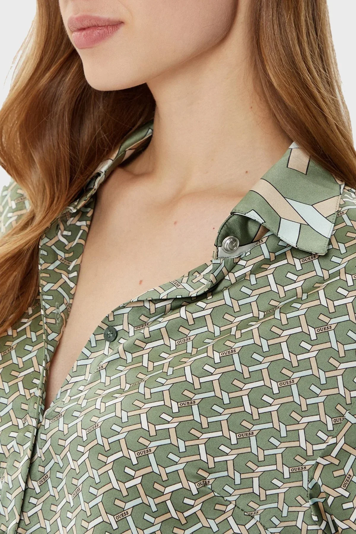 Guess Ls Alexandra 4G Logolu Regular Fit W4YH47WF1T2 Bayan Gömlek W4YH47 WF1T2 P8FS HAKİ - 9