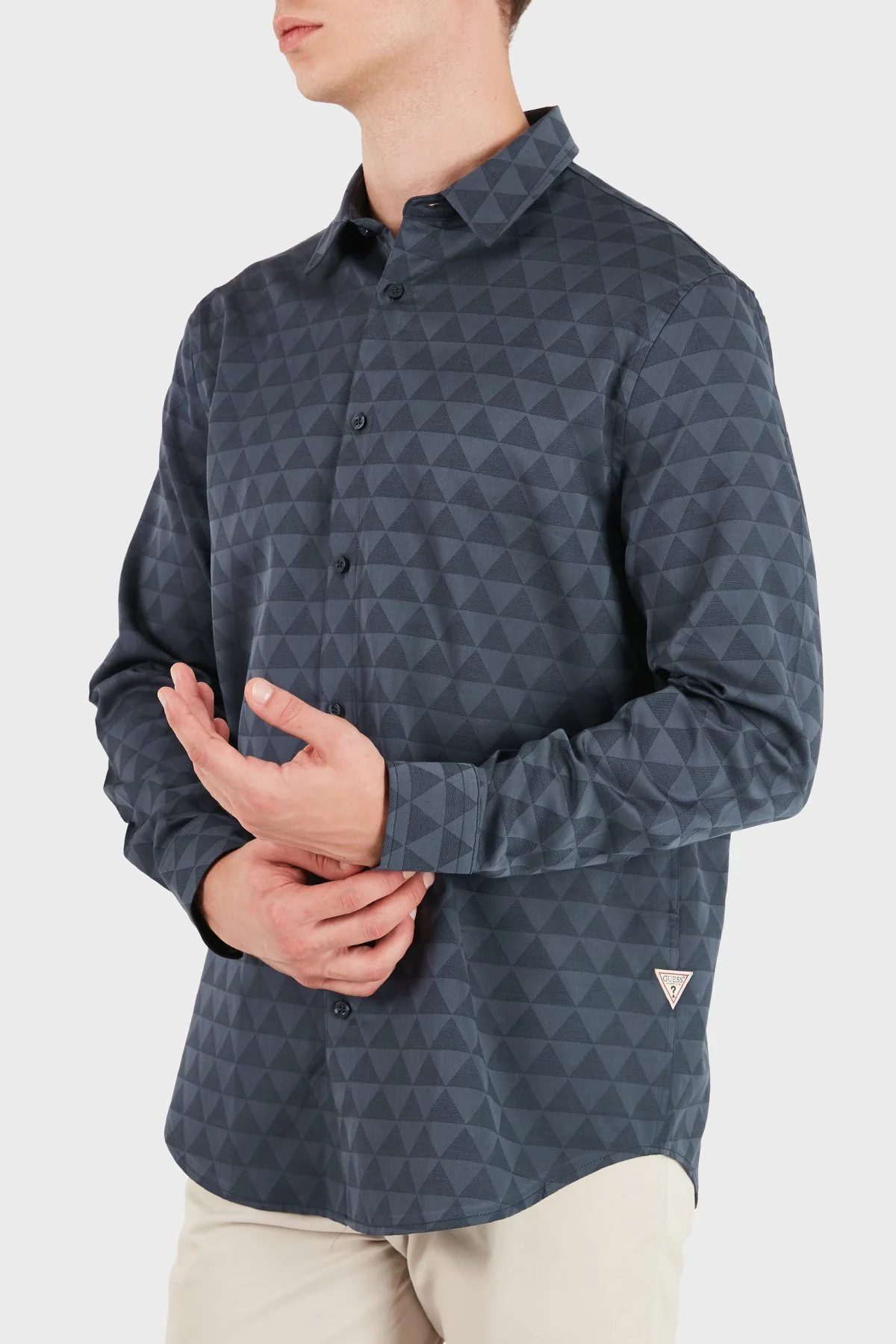 Guess Ls All Over Jacquard Logolu Jakarlı Klasik Yaka Uzun Kollu M6YH31W2892 Erkek Gömlek M6YH31 W2892 FBHQ Lacivert - 3