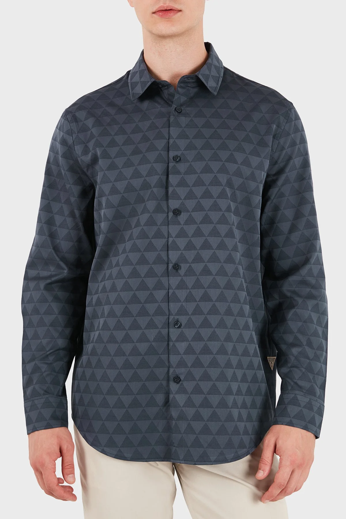 Guess Ls All Over Jacquard Logolu Jakarlı Klasik Yaka Uzun Kollu M6YH31W2892 Erkek Gömlek M6YH31 W2892 FBHQ Lacivert - 5