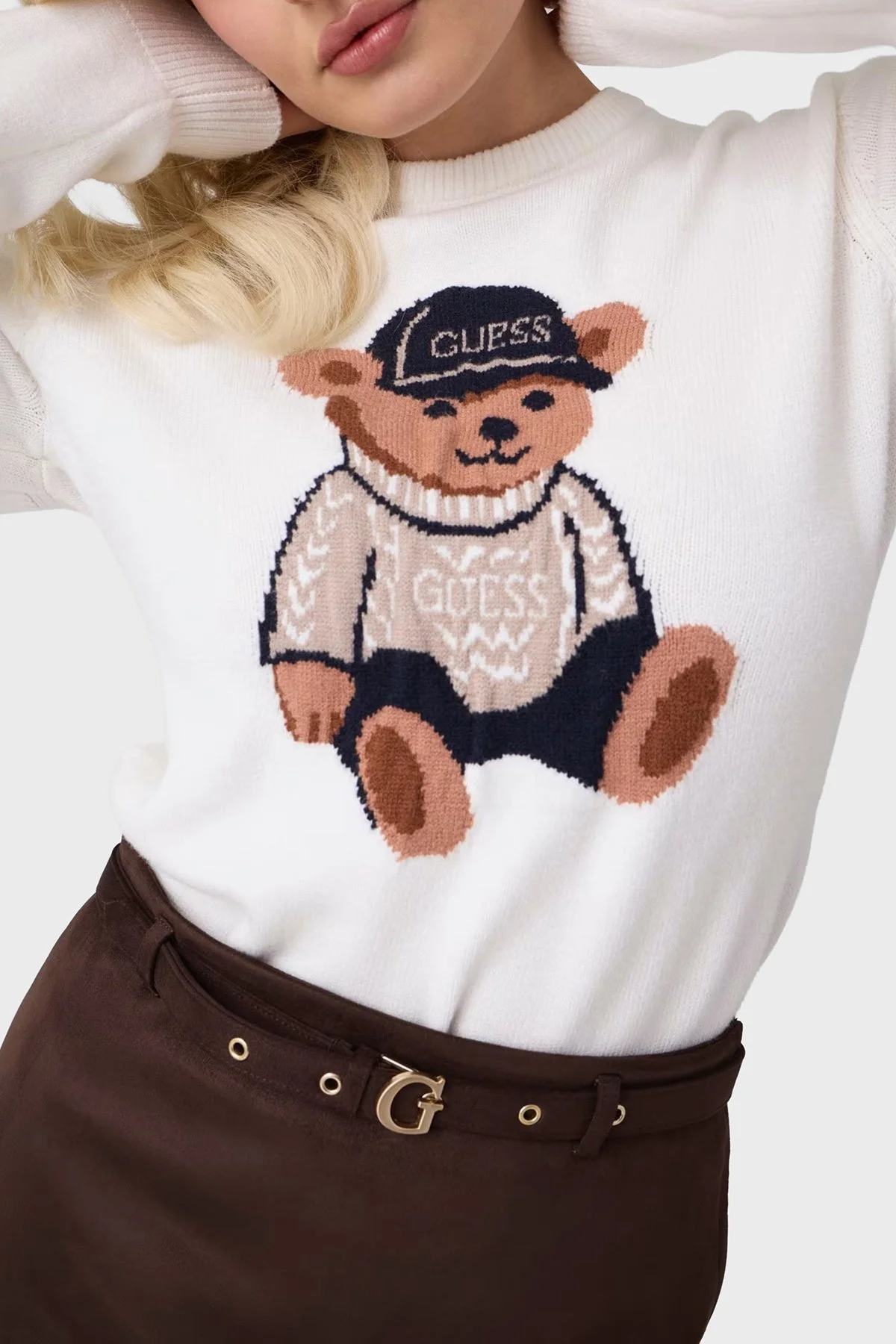 Guess Ls Cn Alicia Ayıcıklı Regular Fit Bisiklet Yaka W6BR84Z1927 Kadın Kazak W6BR84 Z1927 G012 Beyaz - 4