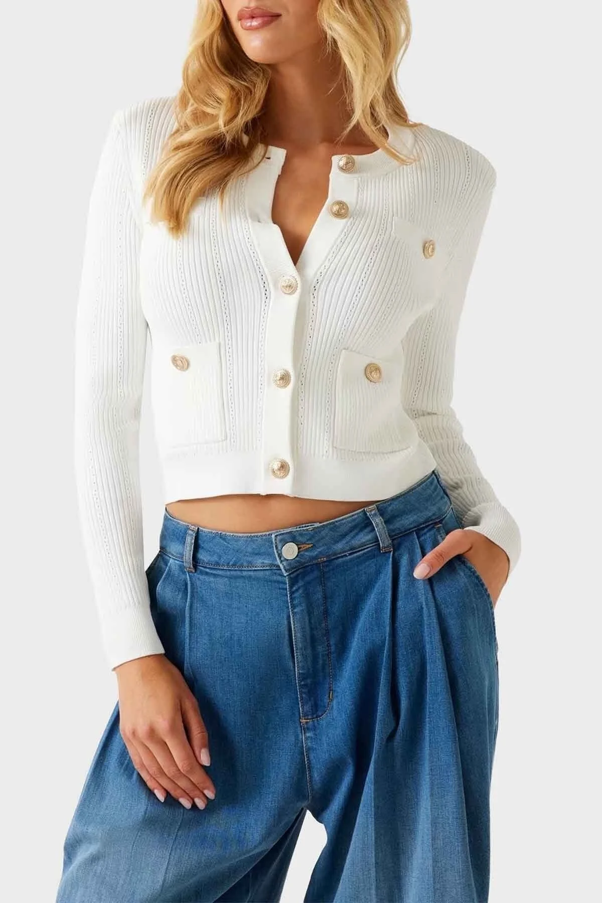 Guess Ls Cn Emmie Regular Fit Bisiklet Yaka Düğmeli Triko W5YR09Z0130 Bayan Hırka W5YR09 Z0130 G012 BEYAZ - 1