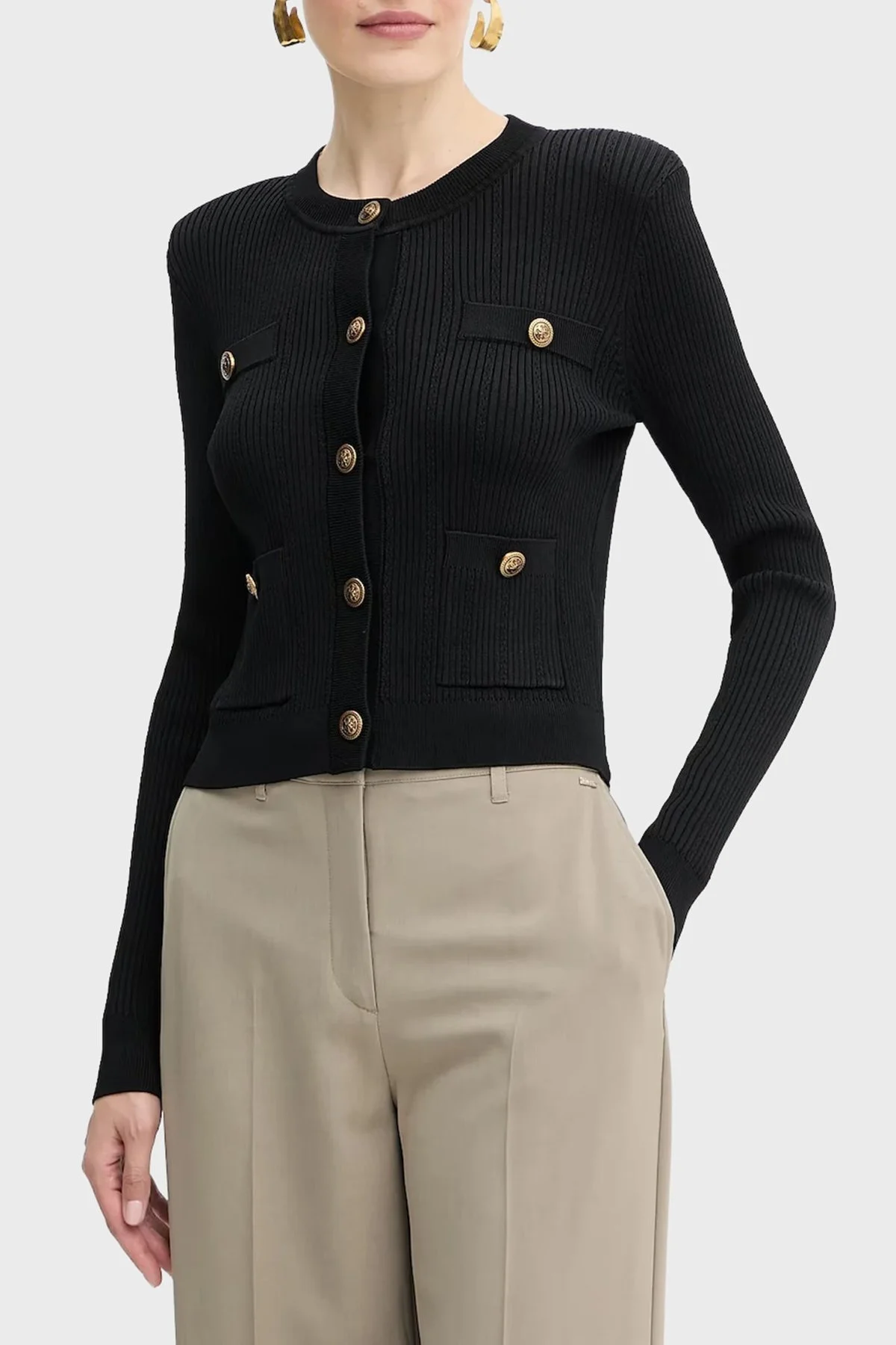 Guess Ls Cn Emmie Regular Fit Bisiklet Yaka Düğmeli Triko W5YR09Z0130 Bayan Hırka W5YR09 Z0130 JBLK SİYAH - 1