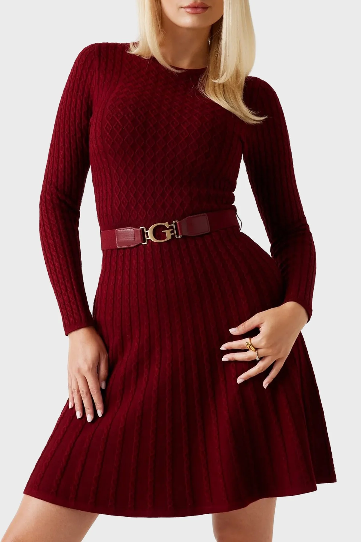 Guess Ls Cn Flare Fit Bisiklet Yaka Kemer Detaylı Mini Triko W5BK68Z2YJ2 Bayan Elbise W5BK68 Z2YJ2 F57F BORDO - 1