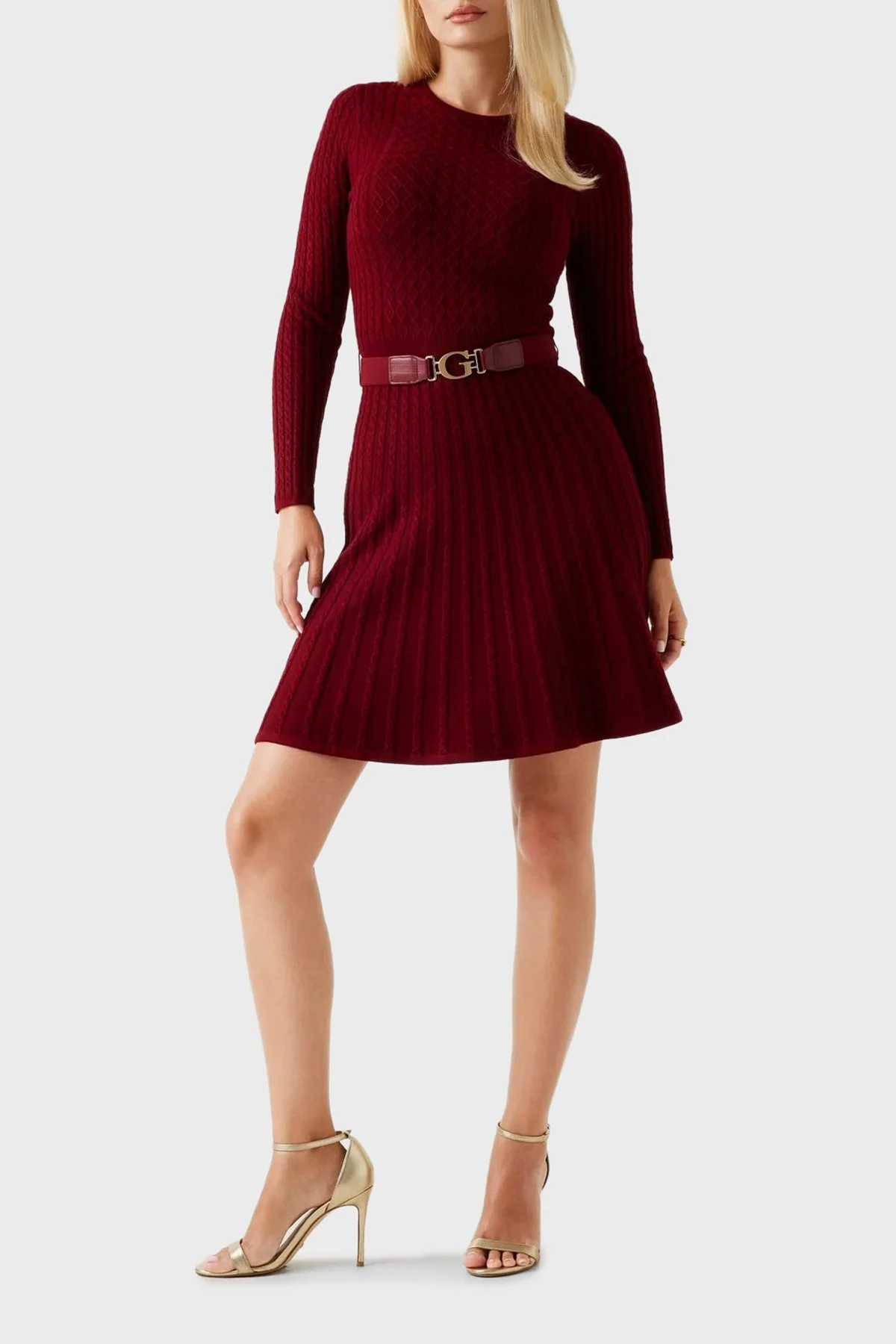 Guess Ls Cn Flare Fit Bisiklet Yaka Kemer Detaylı Mini Triko W5BK68Z2YJ2 Bayan Elbise W5BK68 Z2YJ2 F57F BORDO - 2