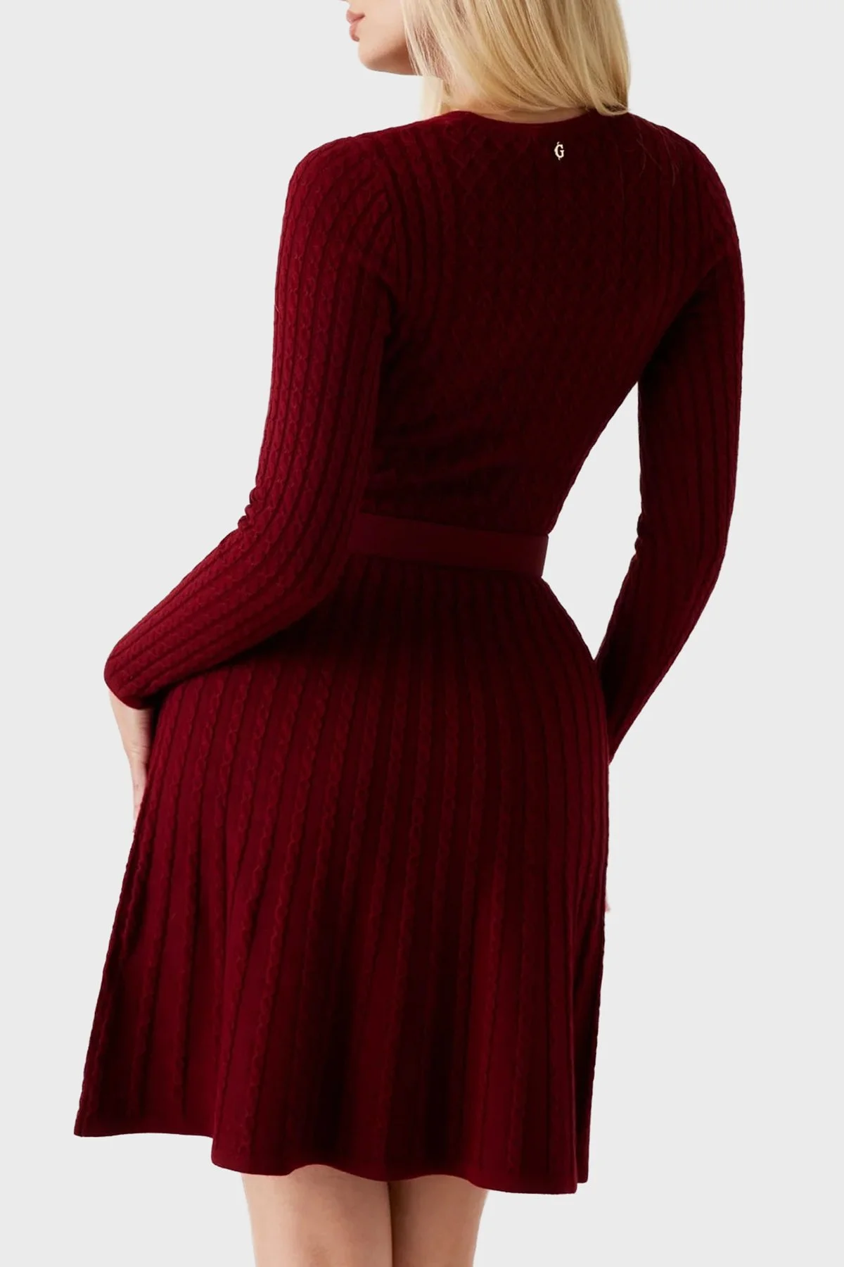 Guess Ls Cn Flare Fit Bisiklet Yaka Kemer Detaylı Mini Triko W5BK68Z2YJ2 Bayan Elbise W5BK68 Z2YJ2 F57F BORDO - 3